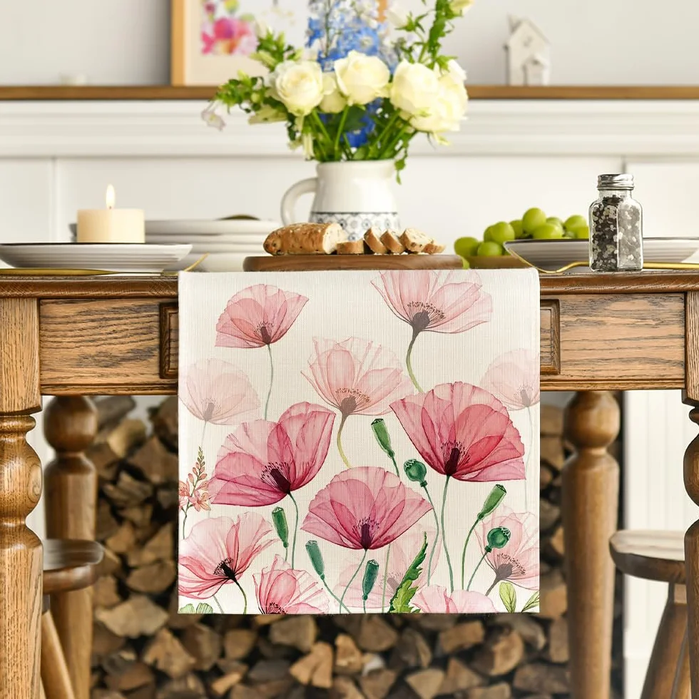 Artoid Mode Liść maku, wiosenny bieżnik na stół, lato, sezonowy, dekoracja stołu kuchennego, na urlop, imprezę, 40 x 100 cm