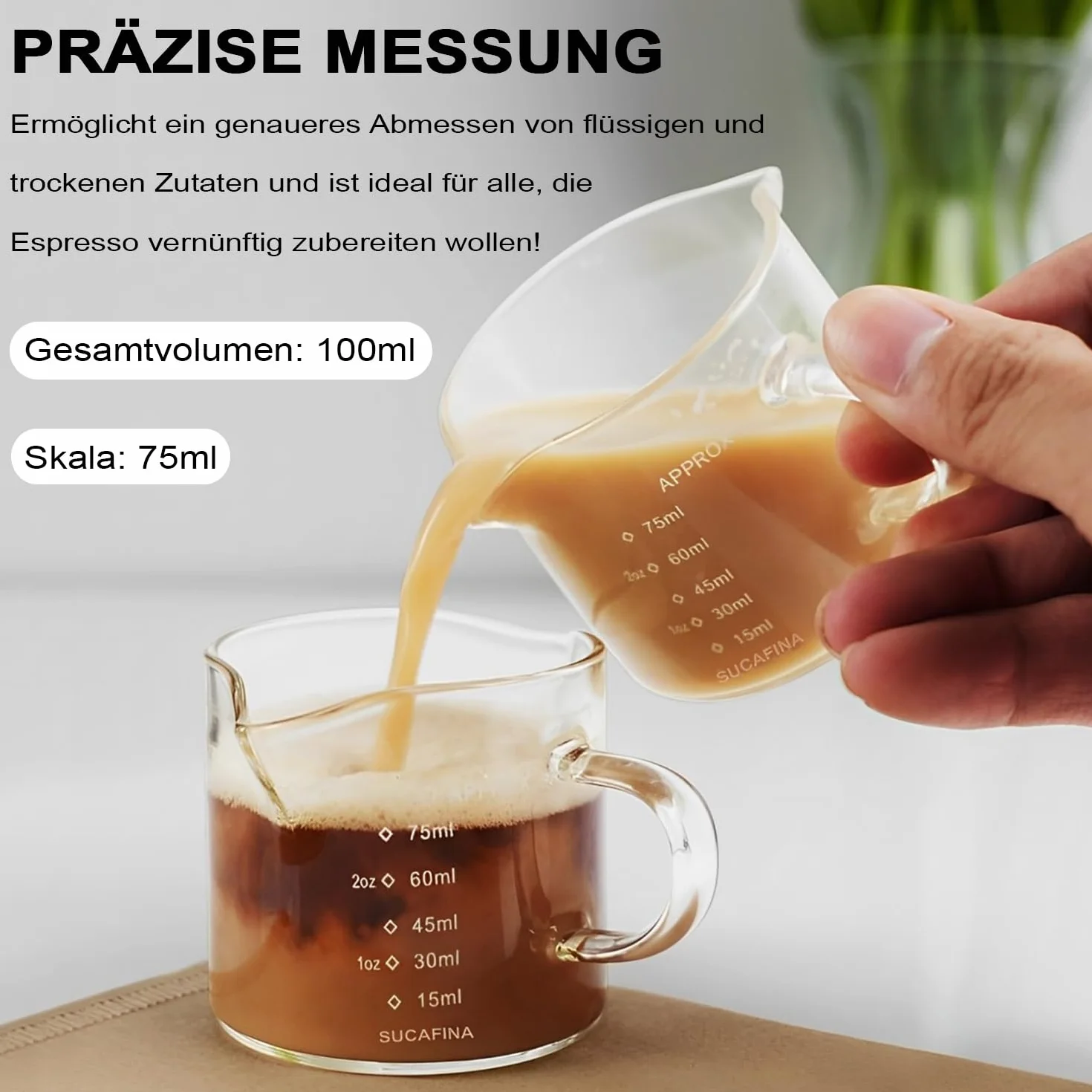 LATRAT szklany kubek z miarką 100 ml do mleka, kawy, espresso