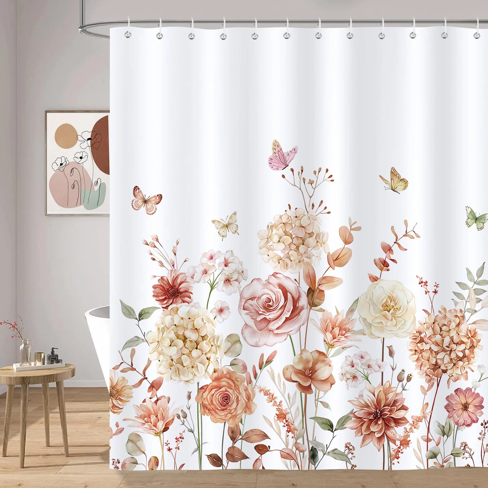 Bonhause Jesienne kwiaty zasłona prysznicowa 180 x 180 cm boho kwiatowy motyl rośliny zasłona łazienkowa wodoodporna odporna na pleśń i pleśń tkanina poliestrowa zasłona łazienkowa z 12 haczykami