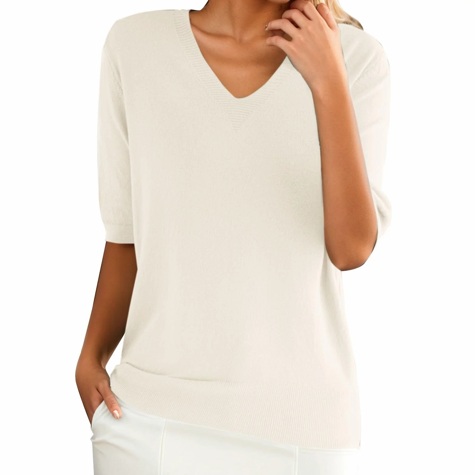 HUIFUAO dzianinowe swetry dla kobiet UK plus size sweter z krótkim rękawem dekolt w serek podstawowy elegancki sweter lekkie topy bluzy