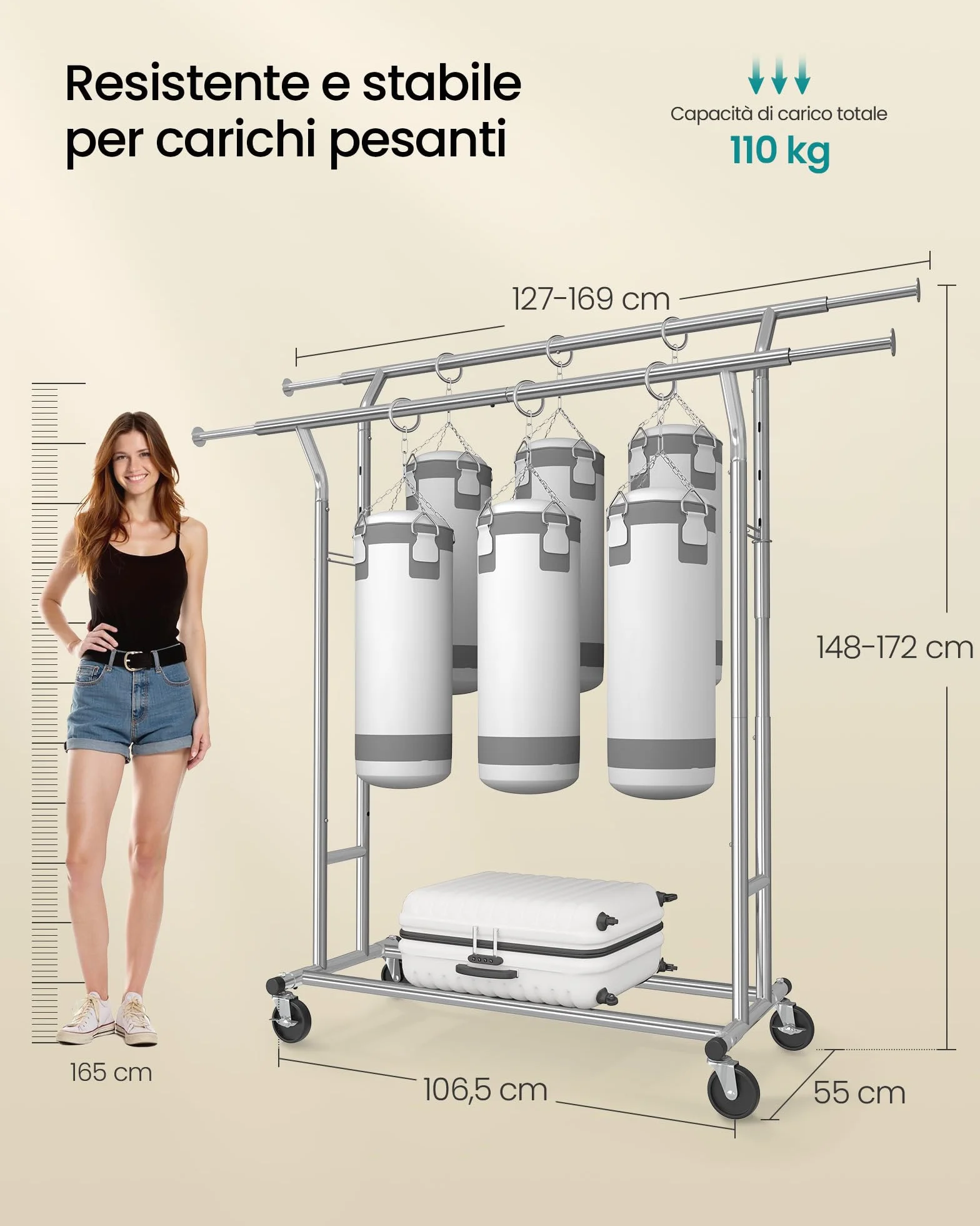 SONGMICS Wieszak na ubrania metalowy 110 kg 129-169 cm chromowany HSR12S
