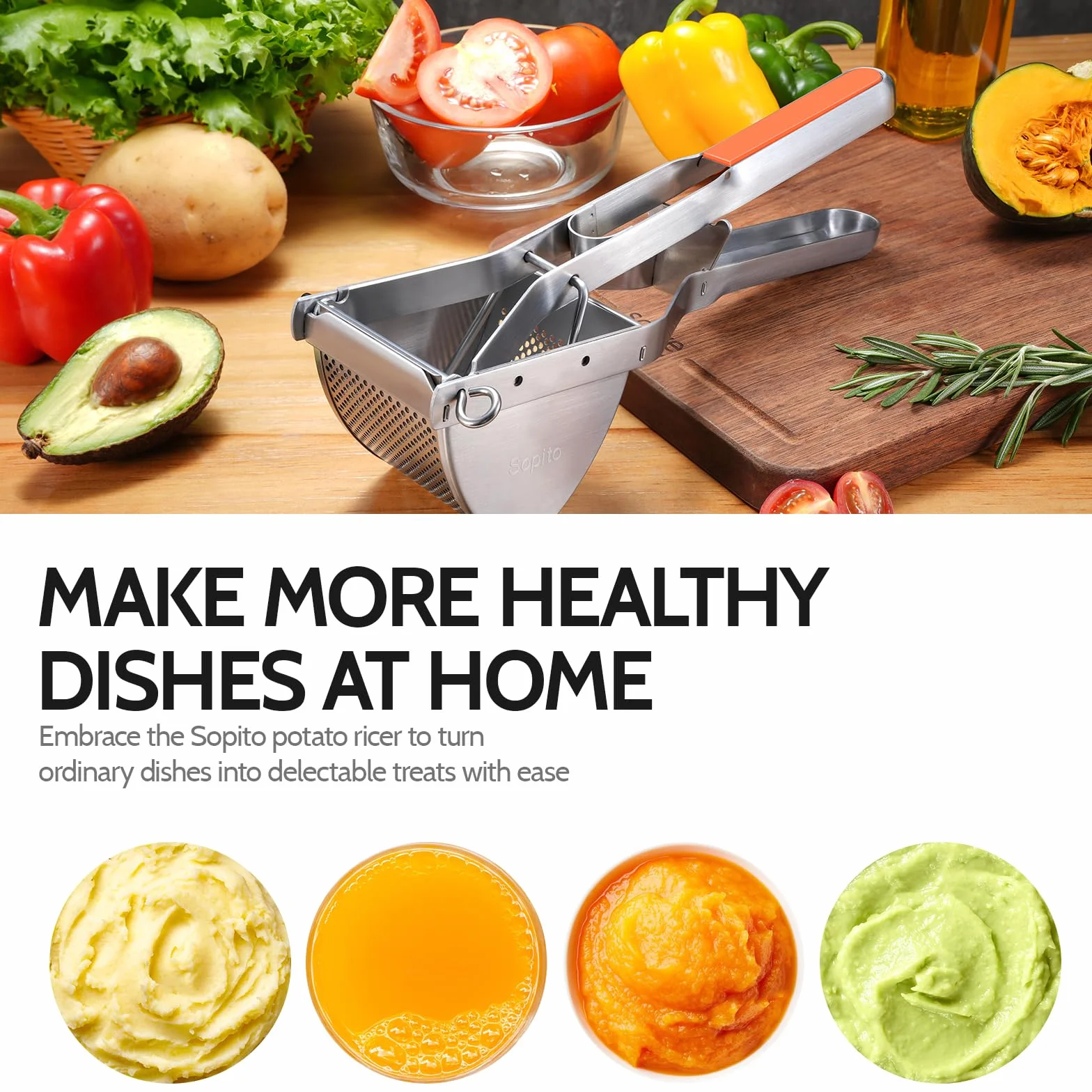 Praska do ziemniaków, praska do ziemniaków Sopito ze stali nierdzewnej z silikonowym uchwytem, do puree ziemniaczanego, dżemu, warzyw, owoców