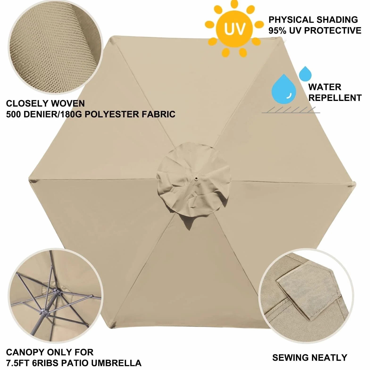 Zapasowy daszek do parasola tarasowego o wymiarach 200/270/300 cm, kompatybilny z żebrami 6/8, parasol offsetowy, kolor khaki, 3,0 m (118 cali), osłona przeciwsłoneczna do użytku na zewnątrz