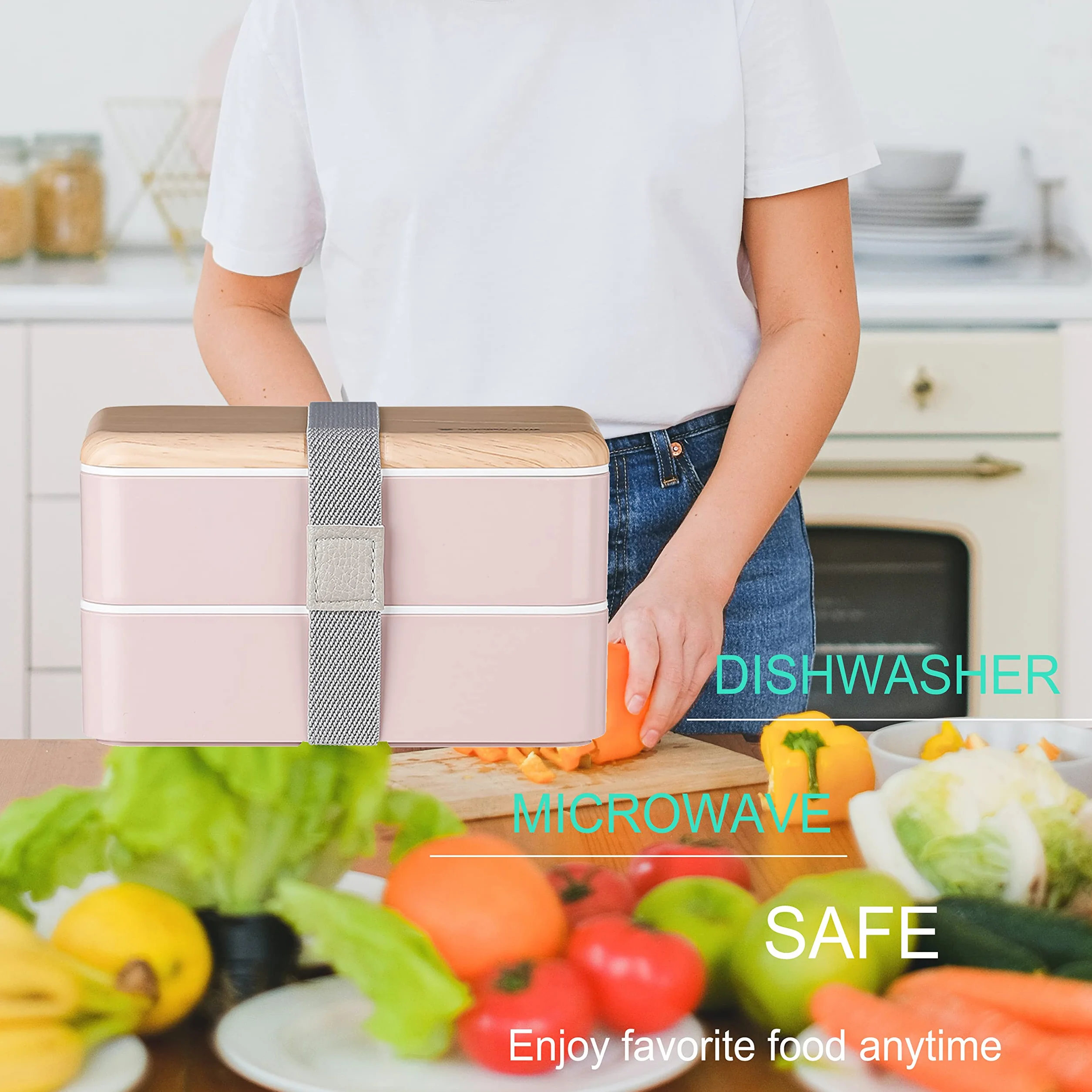 Binoster oryginalny pojemnik na żywność bento, lunchbox, w stylu japońskim, z taśmą i podziałką, łyżka i widelec ze stali nierdzewnej, kolor różowy