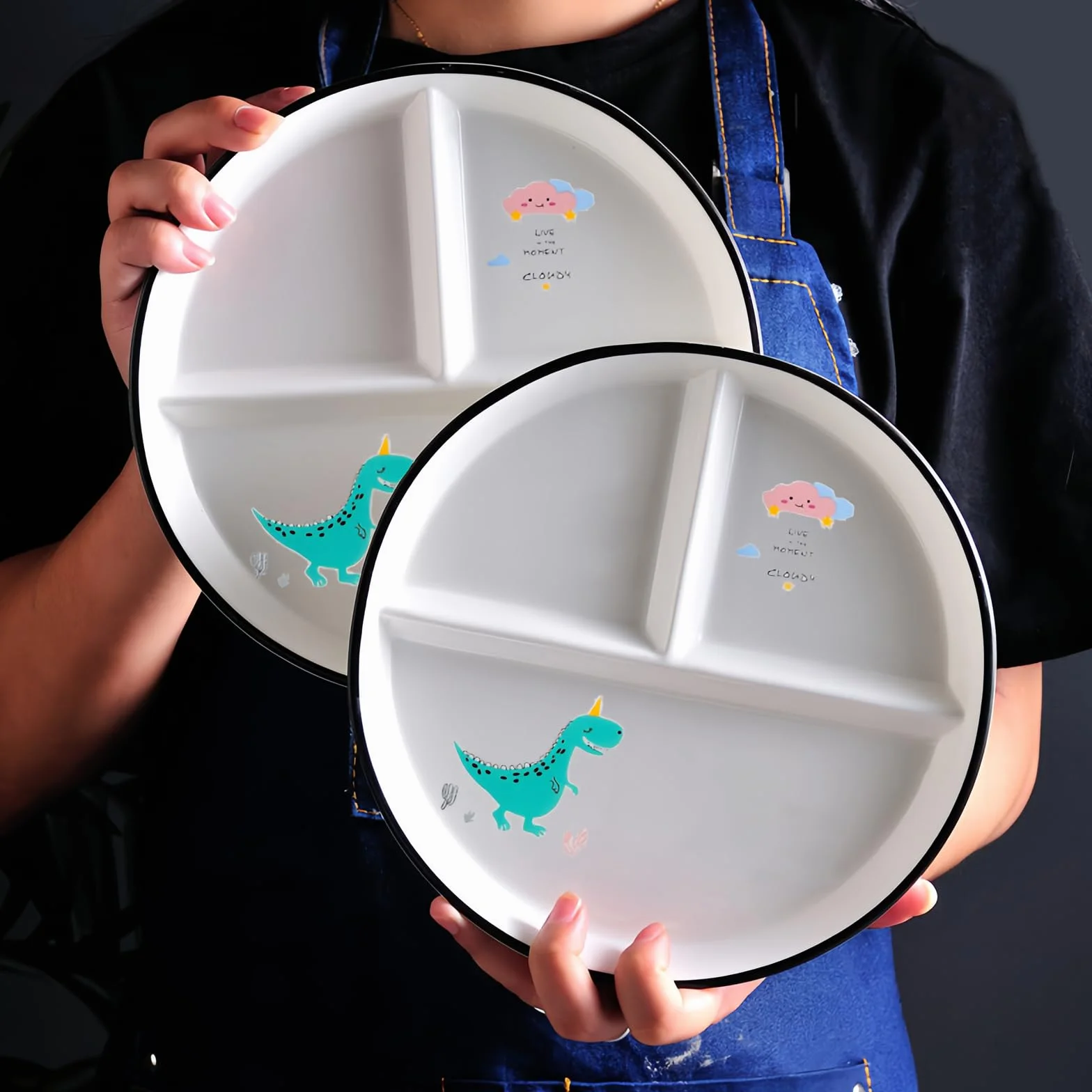 Talerze obiadowe ceramiczne, talerze z przegródkami, ceramiczne talerze dzielone, talerze ceramiczne dla dzieci, na podzielone posiłki, imprezy, przekąski, desery (zielony dinozaur)