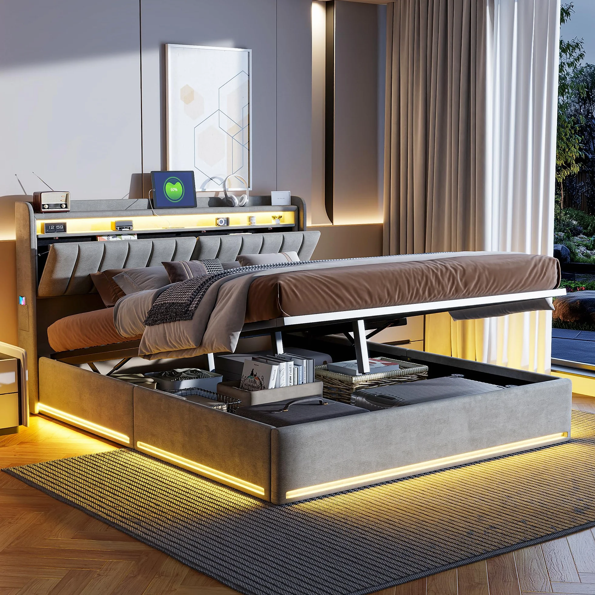 Tapicerowane łóżko podwójne 160x200 cm z oświetleniem LED i ładowaniem USB, hydrauliczne z pudełkiem do przechowywania, szary
