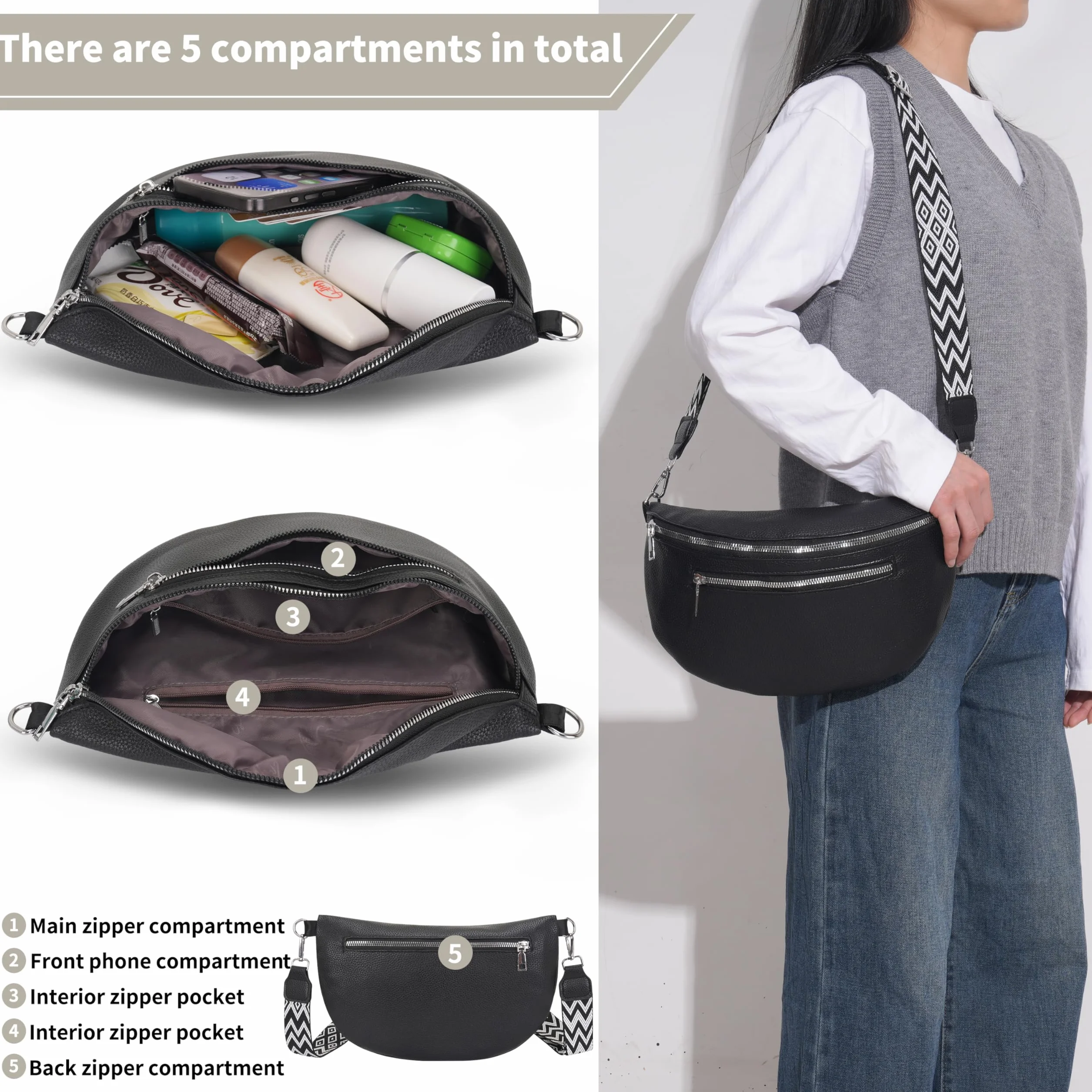 Torby crossbody dla kobiet torebki ze skóry PU torba na ramię z regulowanym szerokim paskiem torby na ramię dla kobiet dziewcząt podróże zakupy do pracy na co dzień