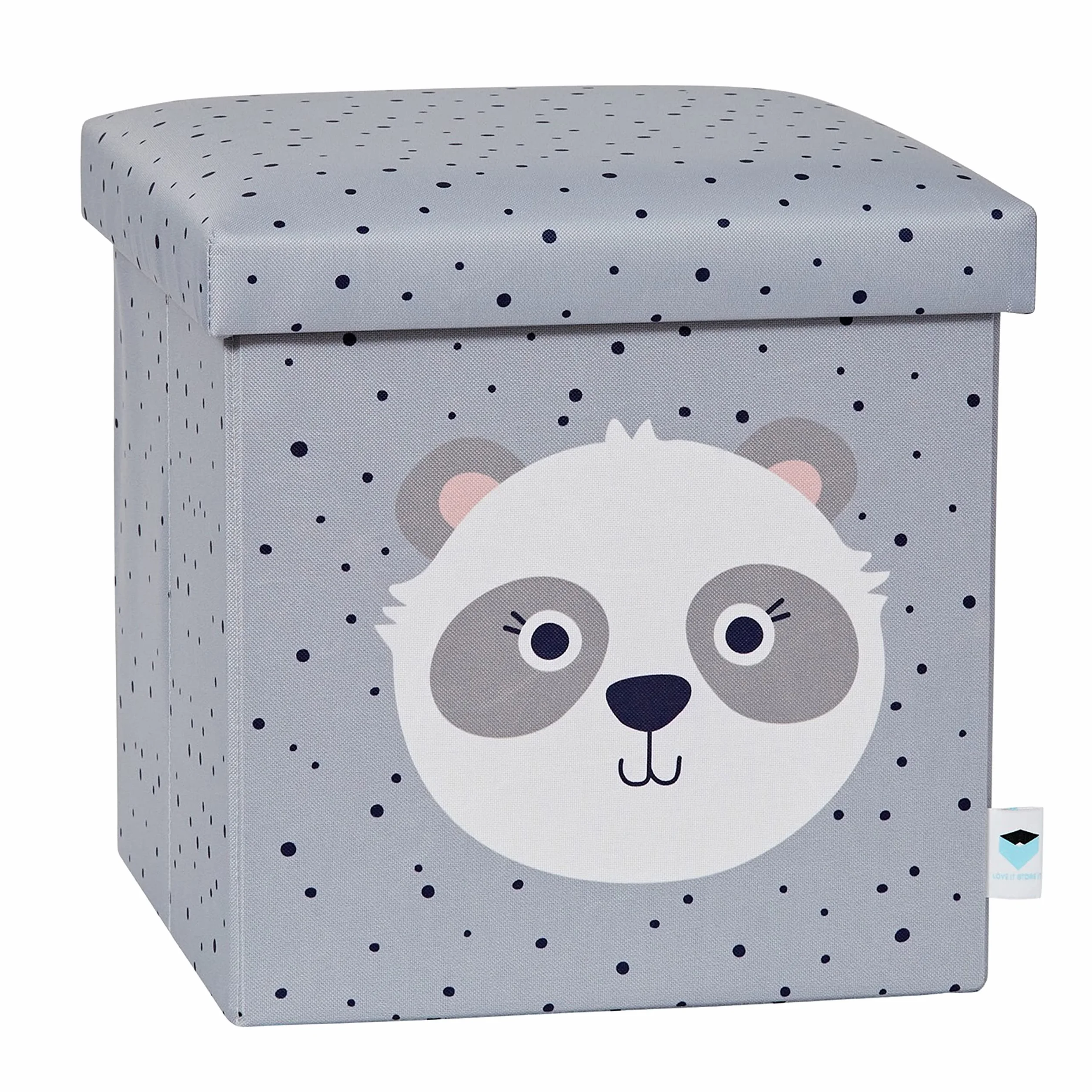LOVE IT STORE IT Taboret do siedzenia z miejscem do przechowywania – skrzynia na zabawki z materiału – wzmocniona drewnem – obciążenie do 150 kg – szary z pandą – 35 x 35 x 35 cm