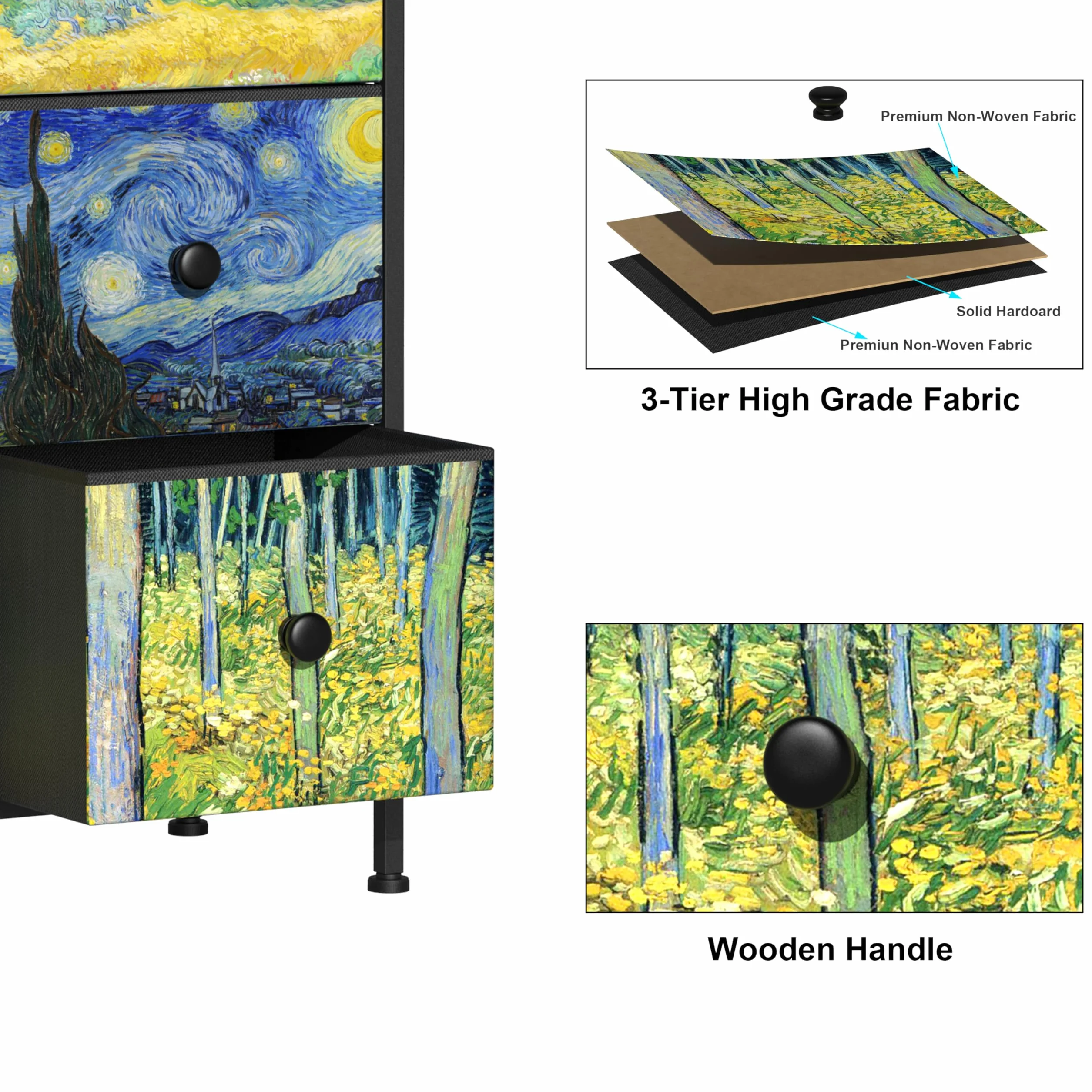 VEDECASA Van Gogh komoda z szufladami, 9 szuflad z materiału, z uchwytami, do szafy, salonu, pokoju dziecięcego, metalowa rama, płyta drewniana, komoda z materiału