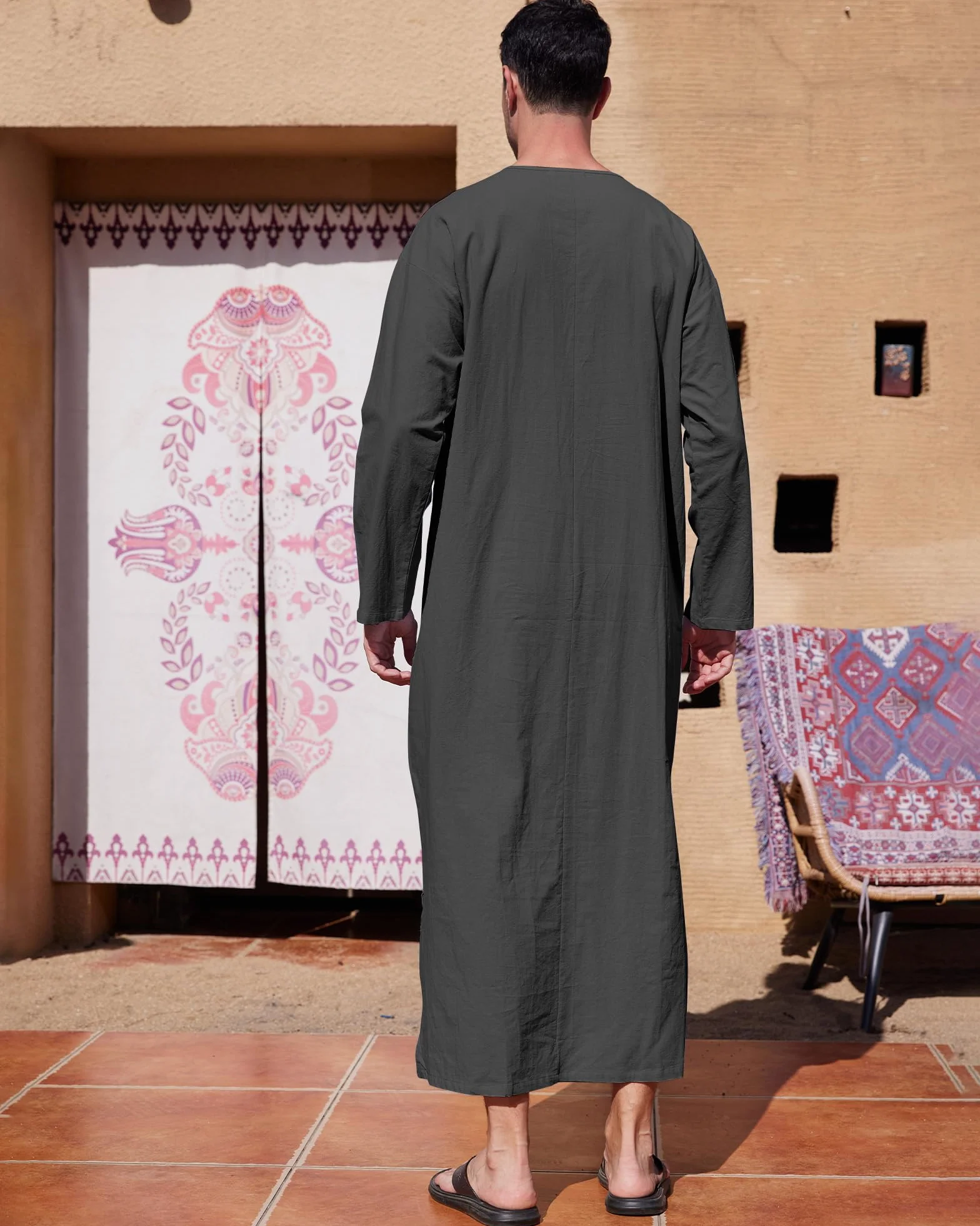 YAOHUOLE Męski kaftan z dekoltem w serek z długim rękawem, kaftan, męski, długi guzik, wysokie Thobe, z bawełny, z kieszeniami