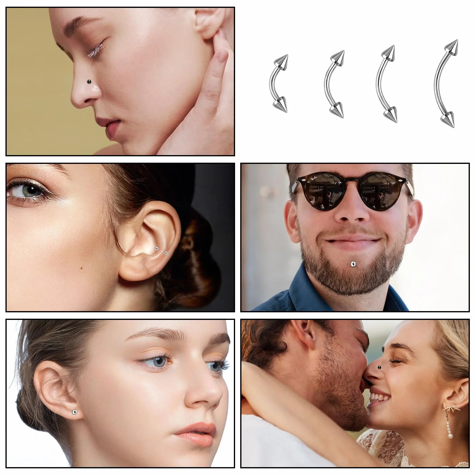 16 szt. kolczyków do brwi, biżuteria ze stali nierdzewnej, pierścienie do brwi, 16G, zakrzywiona sztanga, pionowa, labret, biżuteria, kolczyki do przekłuwania uszu dla kobiet mężczyzn (stal