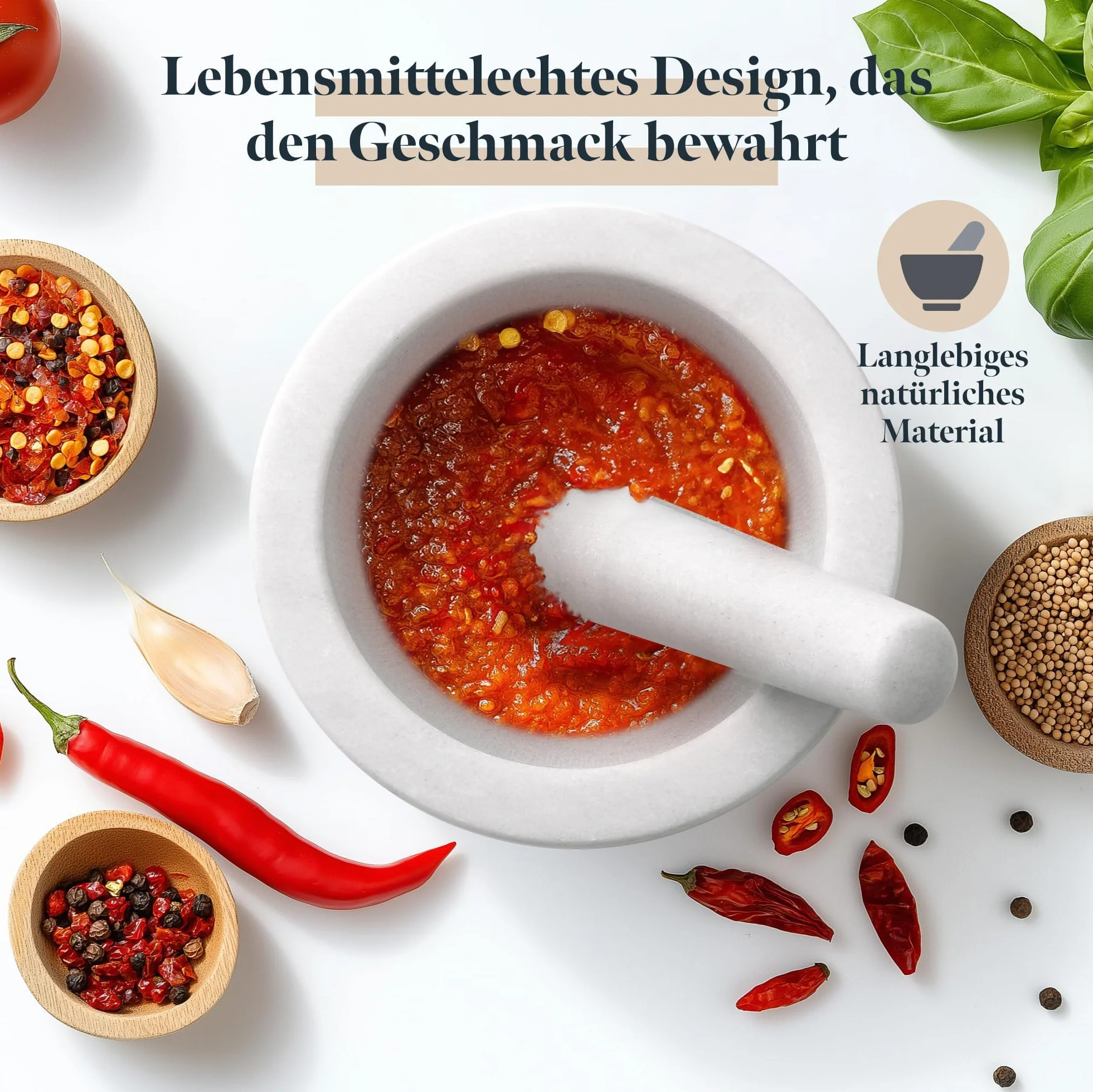 Zestaw moździerz z tłuczkiem z marmuru - 18 x 18 x 10cm - 800ml Mały moździerz z tłuczkiem - Mortar and Pestle do przypraw Salsa Pesto - Biały