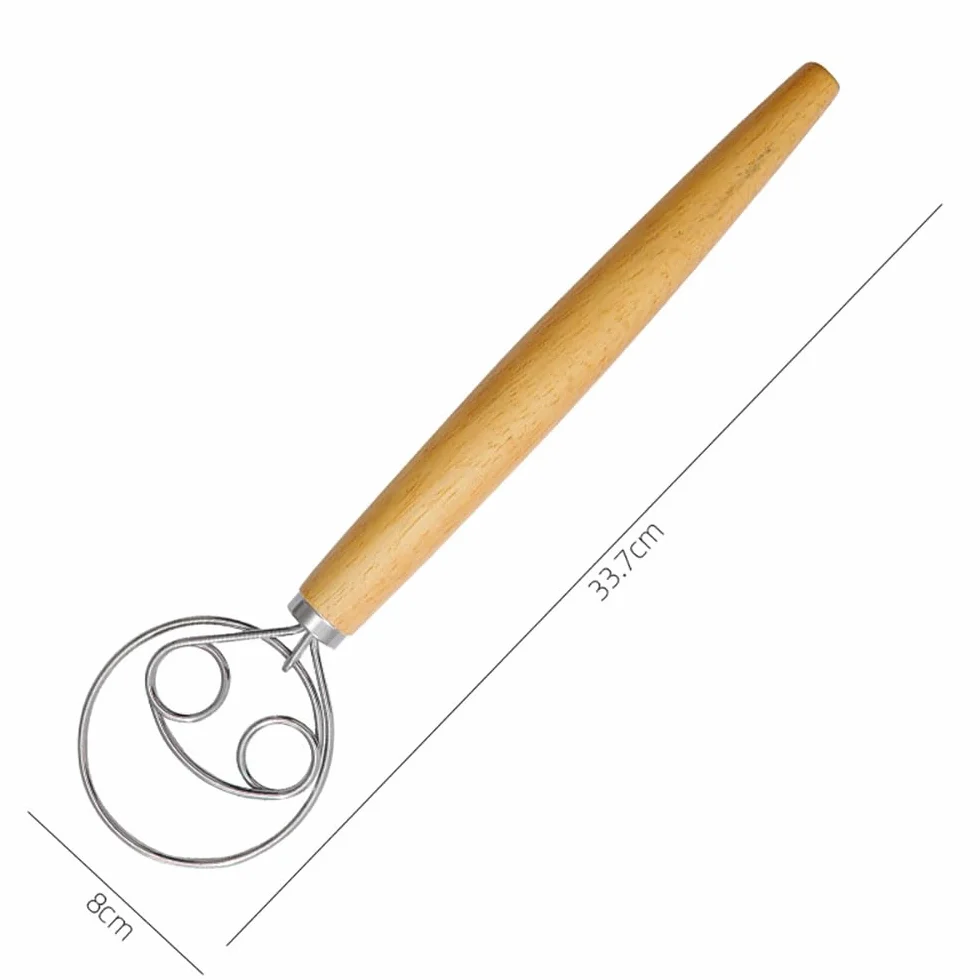 Duńska trzepaczka do ciasta, mikser do chleba, podwójne oczka, holenderska trzepaczka ze stali nierdzewnej, z drewnianym uchwytem, trzepaczka do chleba, ciasta, pizzy i ciastek