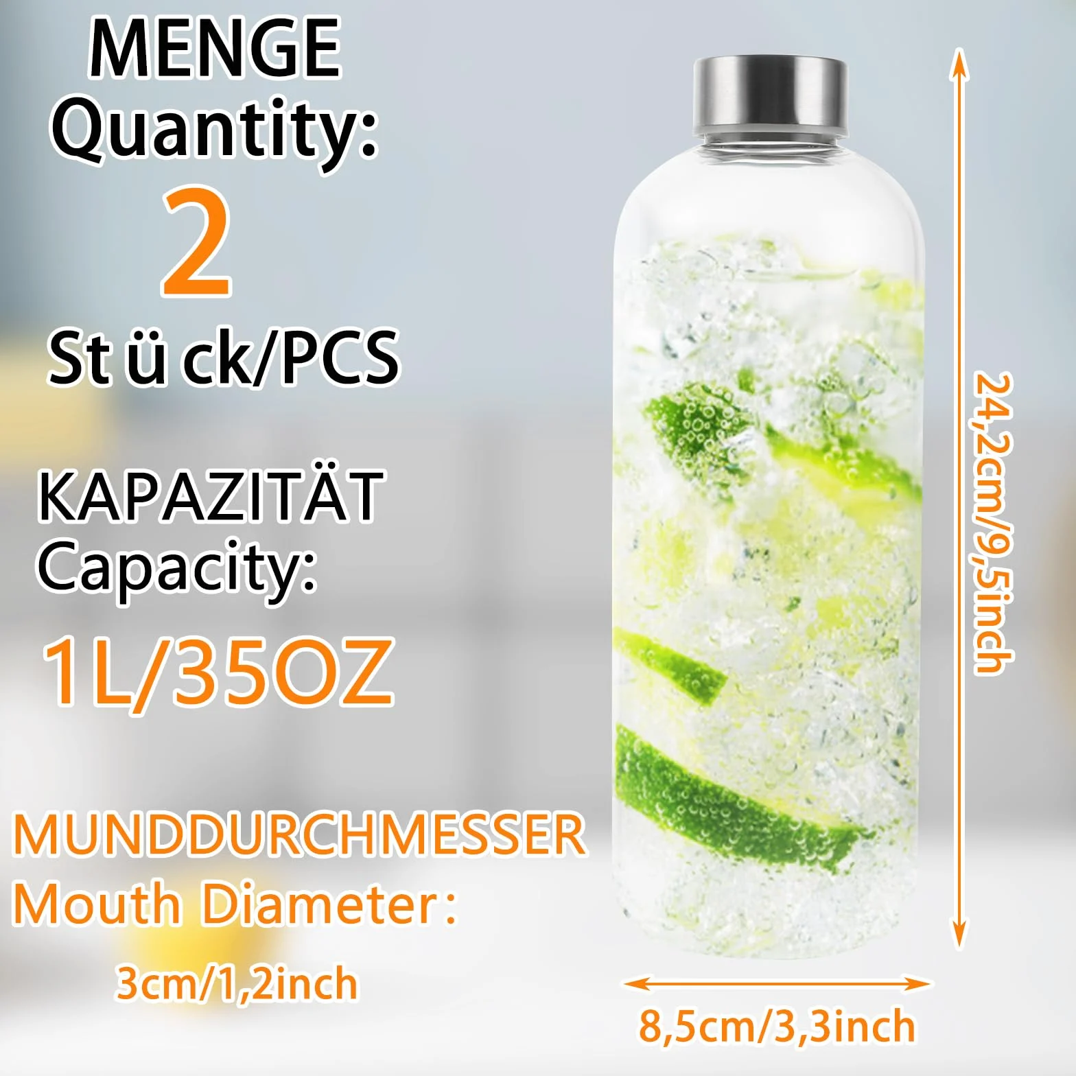 Zestaw 2 szklanych butelek o pojemności 1 l, szklana butelka na napoje o pojemności 1 l, ze szkła borokrzemowego – z pokrowcem neoprenowym 1000 ml / 35 oz, nadaje się do mycia w zmywarce