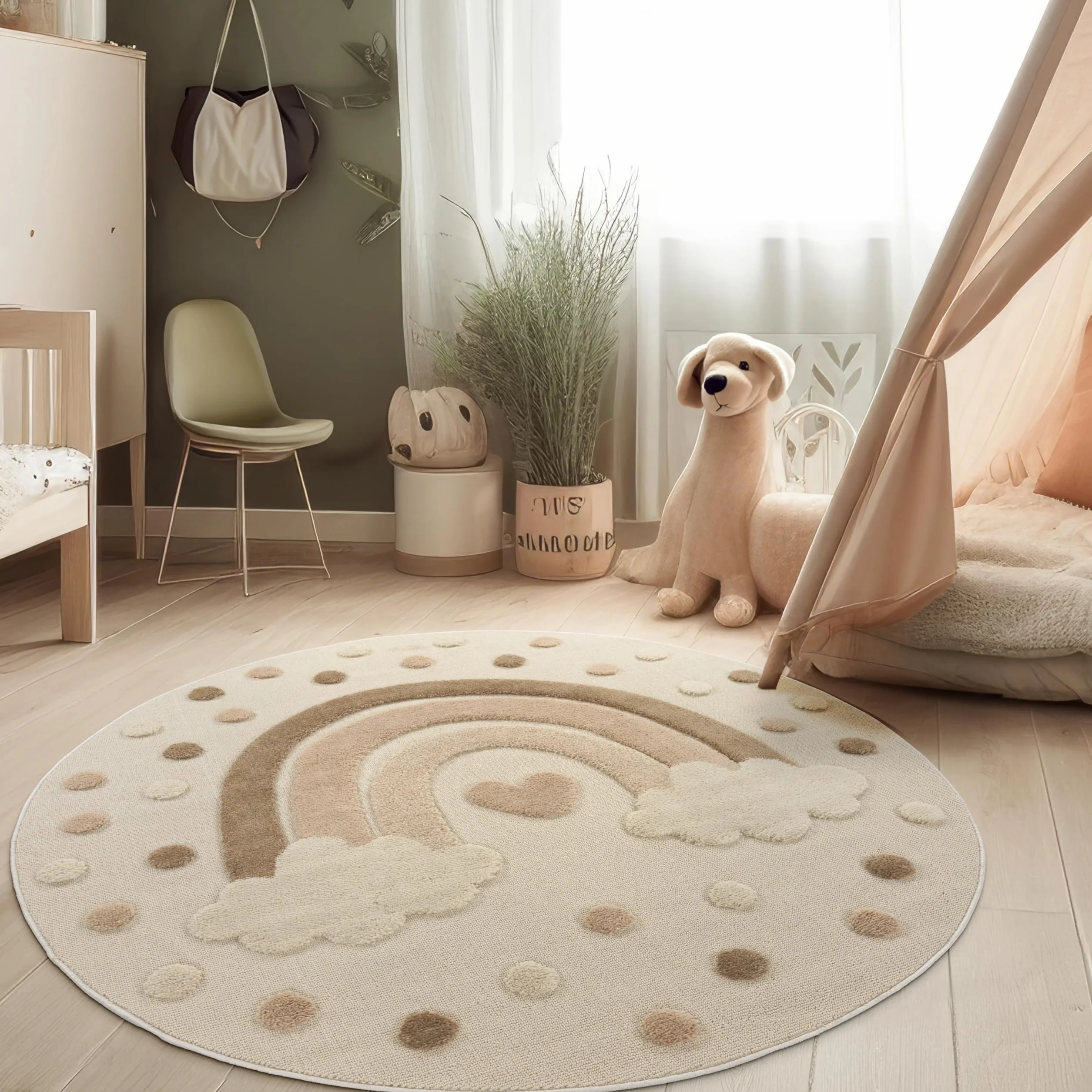 Paco Home Dywan do pokoju dzieciêcego Efekt 3D Wytrzyma³a Mata Naturalne kolory, Rozmiar:160 cm (Okr±g³y), Kolor:Piasek (têcza)
