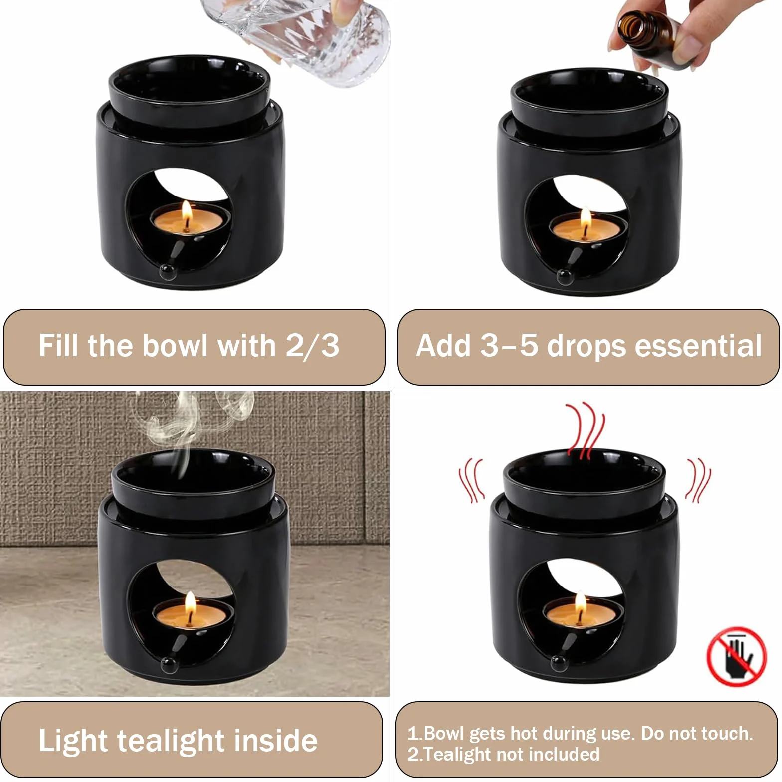 Lampa zapachowa z ceramiki, matowa czarna, 2 w 1, z sitkiem ze stali nierdzewnej i szczotką do czyszczenia, zdejmowana miska, uchwyt na podgrzewacze na olejki eteryczne, wosk zapachowy zioła