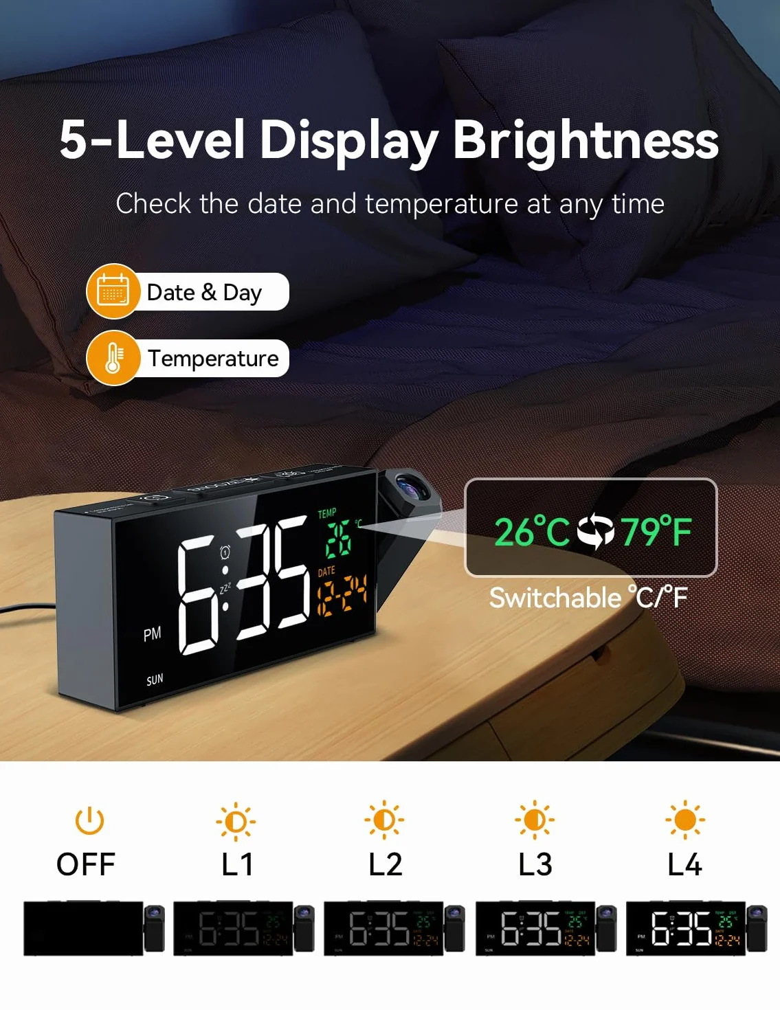 Budziki projekcyjne przy łóżku, głośny budzik z projektorem obrotowym o 350°, temperatura, data, 10 alarmów, 4 głośności, 5 ściemniaczy, ładowarka USB, budzik projektora do sypialni salonu