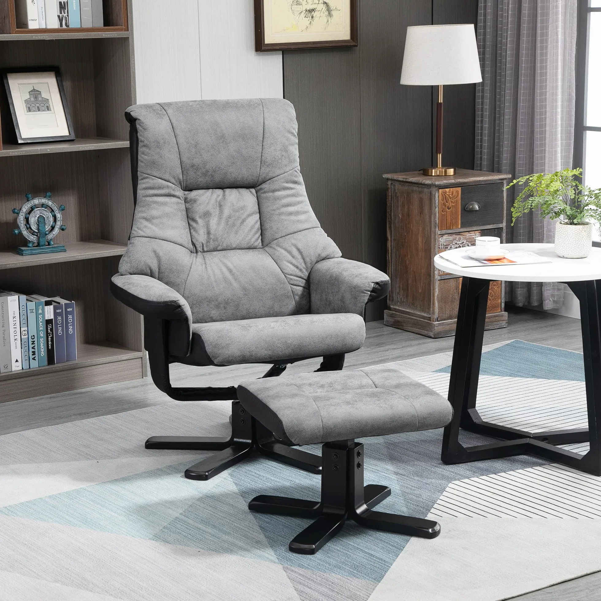 HOMCOM Fotel relaksacyjny z taboretem, obrotowy fotel telewizyjny z funkcją leżenia, tapicerowany fotel do salonu, sypialni, mikrofibra, szary, 78 x 82,5 x 109 cm