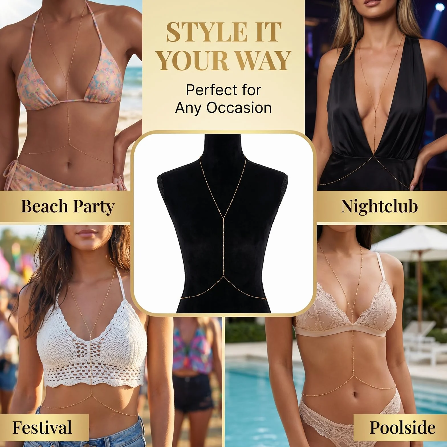 Gold Plated Body Chain for Women, Adjustable Rhinestone Layered Belly & Waist Chain, Sexy Back Jewelry for Beach Vacation