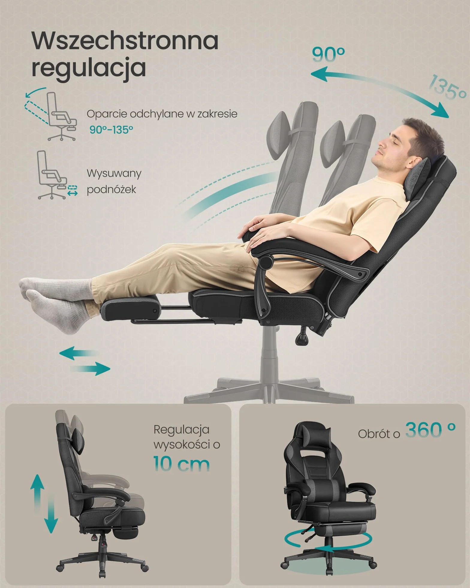 SONGMICS Fotel gamingowy, fotel biurowy z podnóżkiem, fotel biurowy z zagłówkiem i podparciem lędźwiowym, regulowana wysokość, ergonomiczny, nośność do 150 kg, kolor atramentowo-szary OBG073BH20
