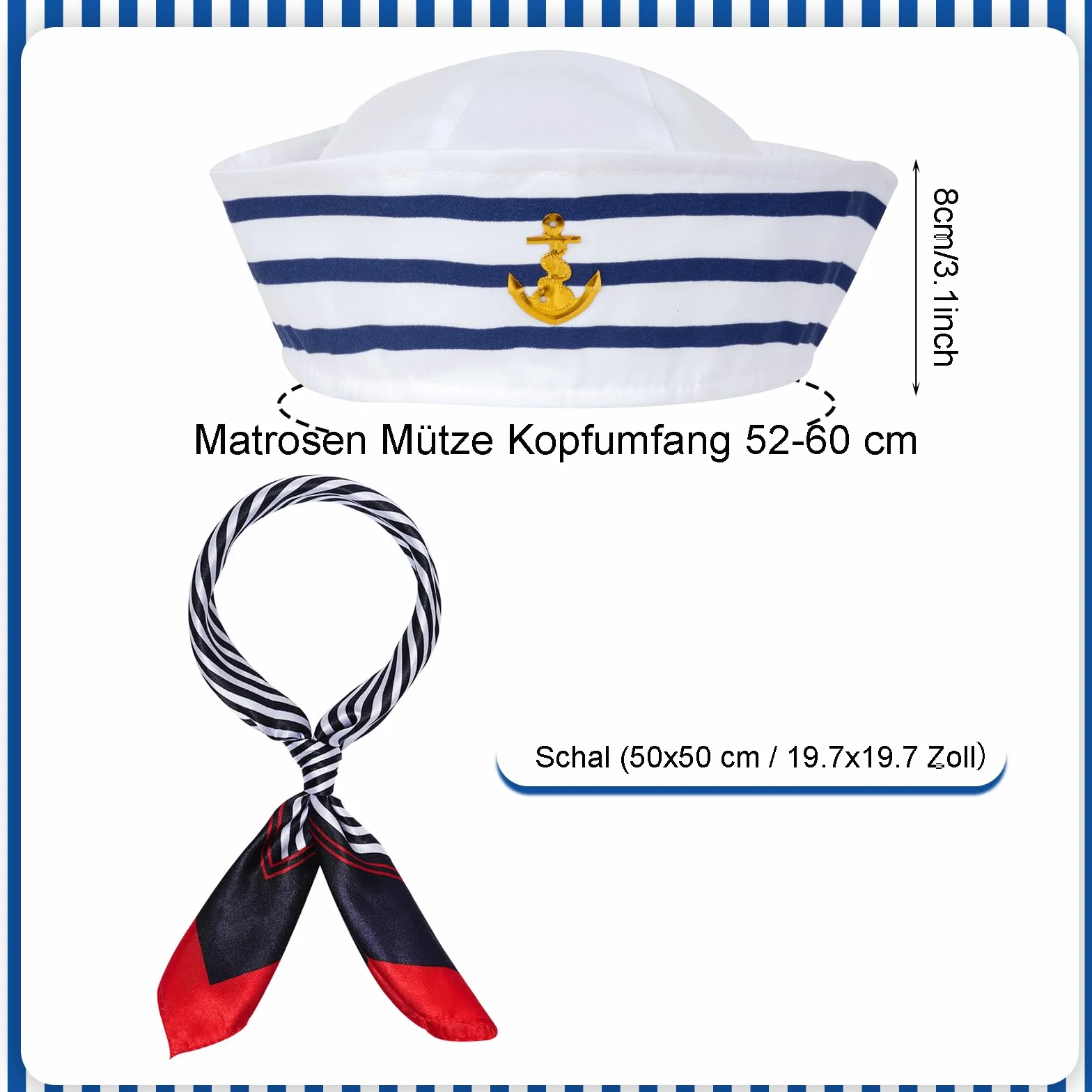 Kostium marynarza, zestaw niebiesko-białych pasków, regulowana czapka marynarska z szalikiem, białe rękawiczki, okulary przeciwsłoneczne, kostium marynarzy, kostium dla kobiet i mężczyzn, na
