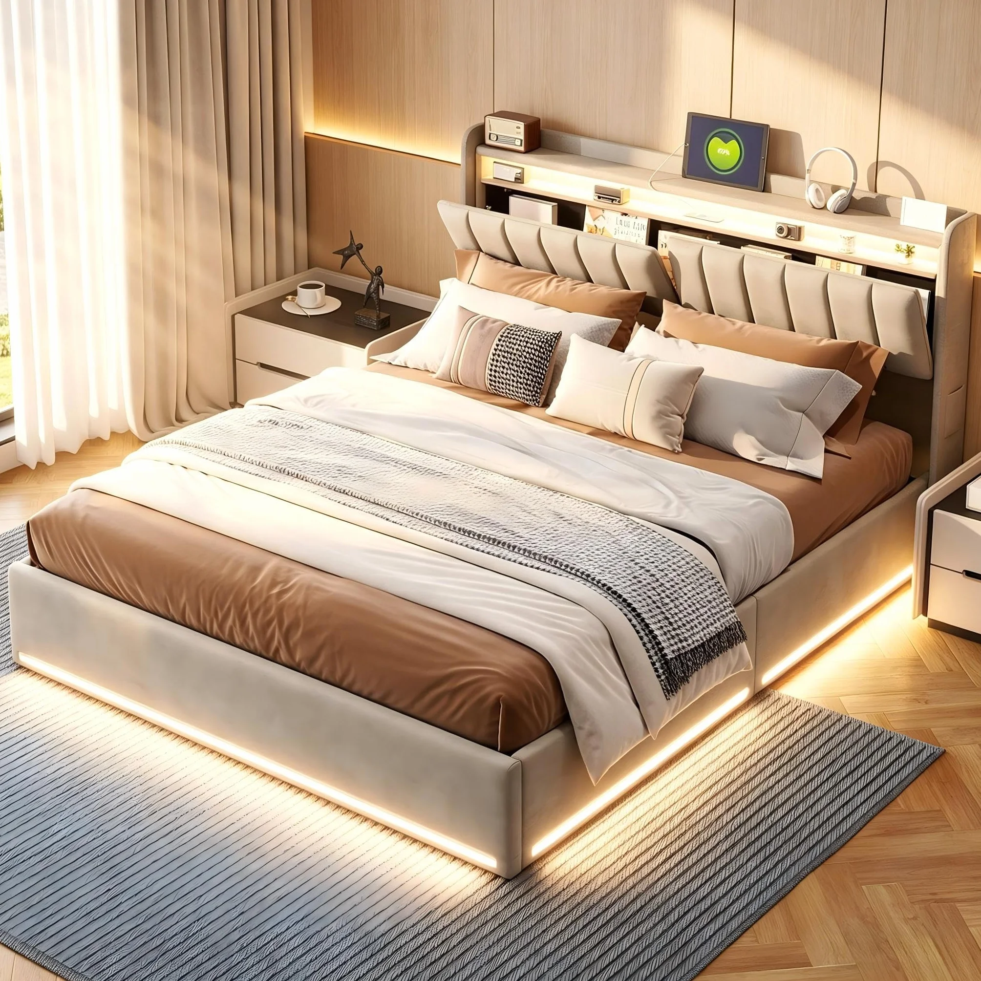 Tapicerowane łóżko podwójne 160x200 cm z oświetleniem LED i ładowaniem USB, hydrauliczne z pudełkiem do przechowywania, szary