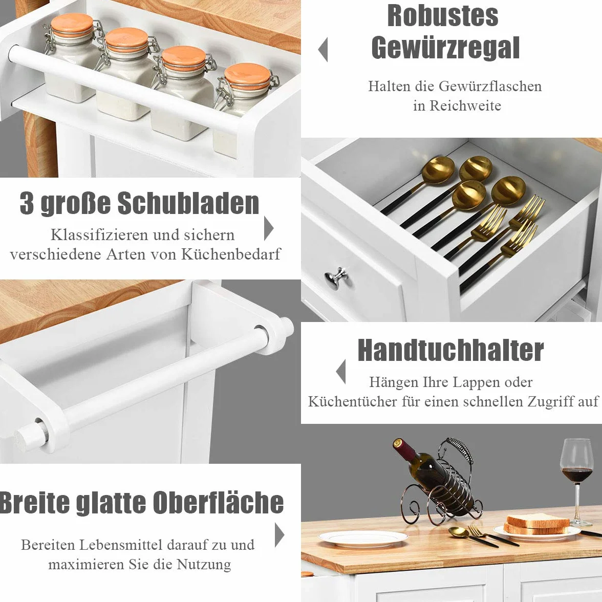 COSTWAY Wózek kuchenny na kółkach 136 x 76 x 91, wyspa kuchenna z drewna