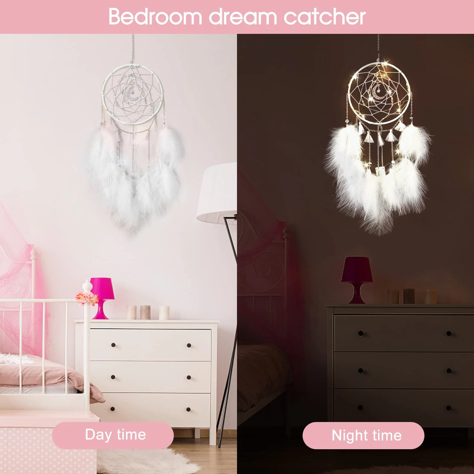 Nice Dream Białe łapacze snów LED ręcznie robiona dekoracja ścienna dla dzieci