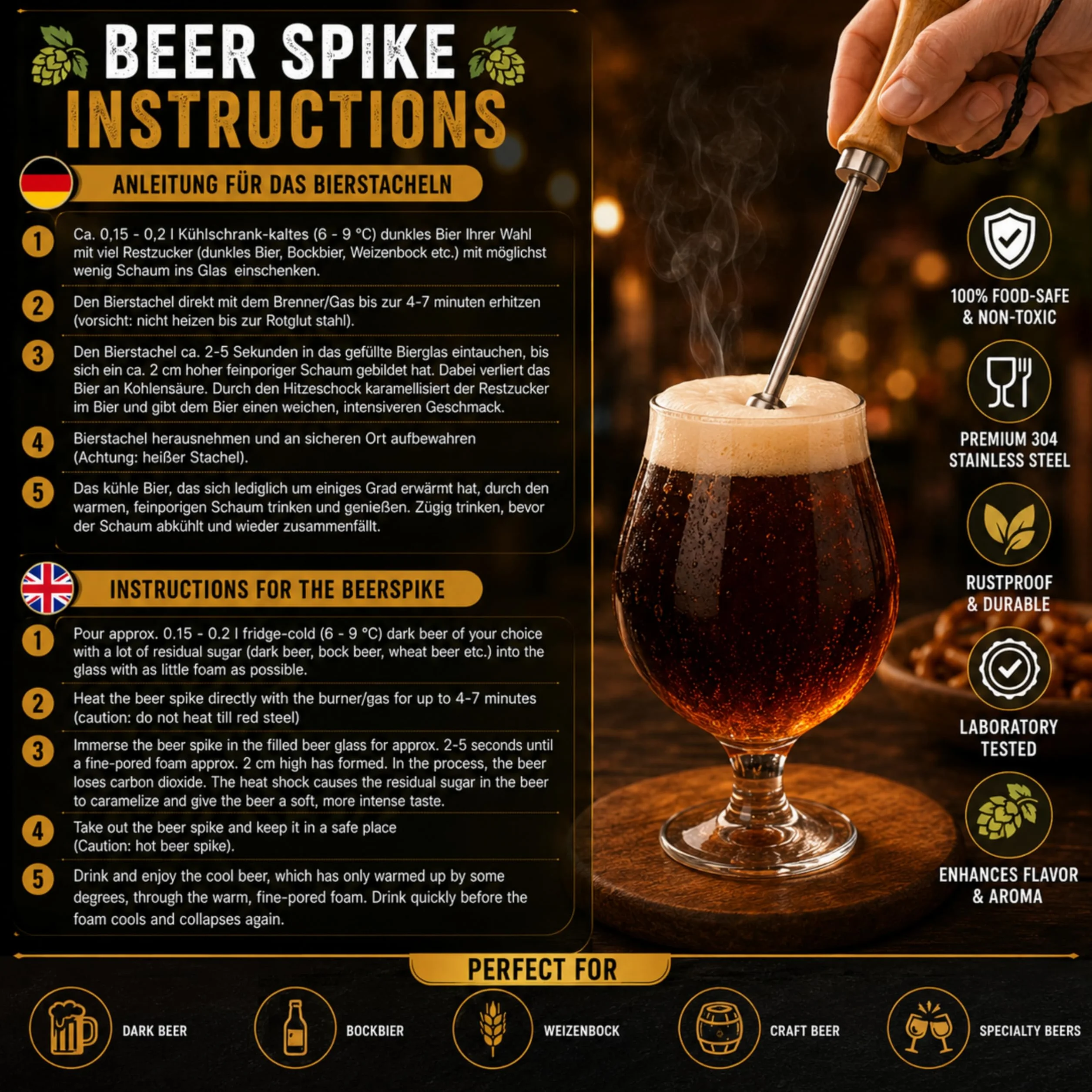 Bierstachel Beerspike Beer Caramelizer karmelizator piwa, podgrzewacz z drewnianą rączką, stal nierdzewna