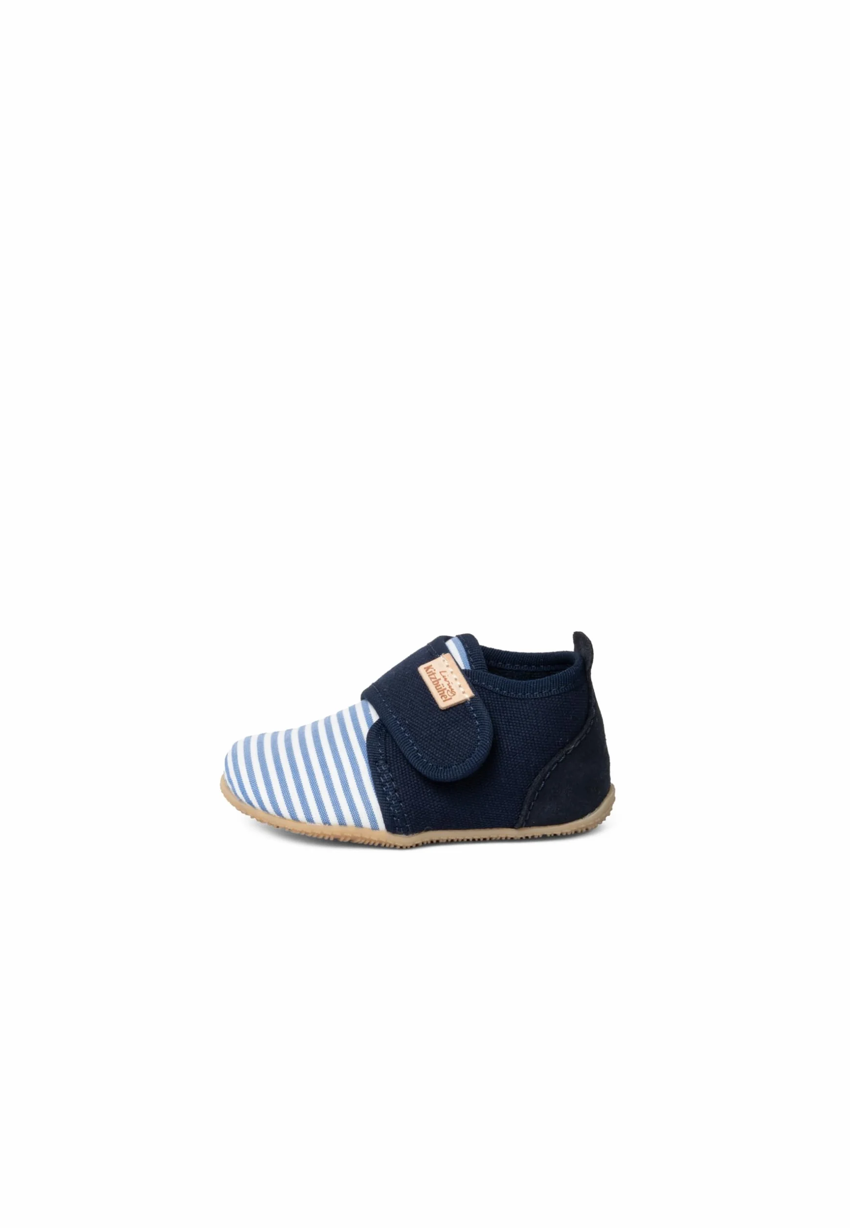 Living Kitzbühel Miękkie kapcie dziecięce Sigi w paski, oddychające buty do raczkowania z bawełnianą frotteą, antypoślizgowe, letnie buty do nauki chodzenia, ręcznie wykonane w Europie, granatowe, 22