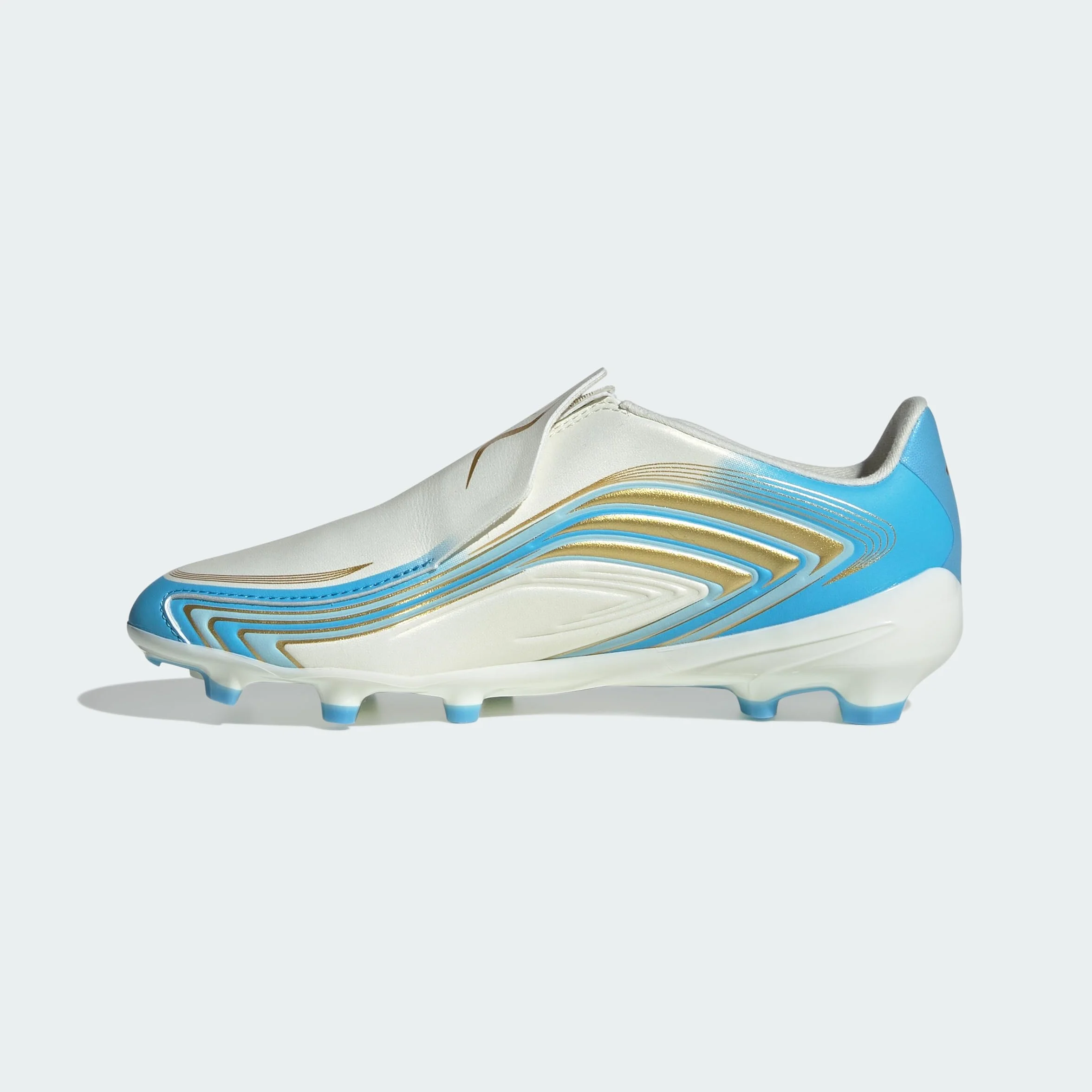adidas Uniseks - dzieci F50 Messi League Laceless Firm Ground Football Boots Kids Shoes, ivory/semi blue burst/icey blue, 38 2/3 EU