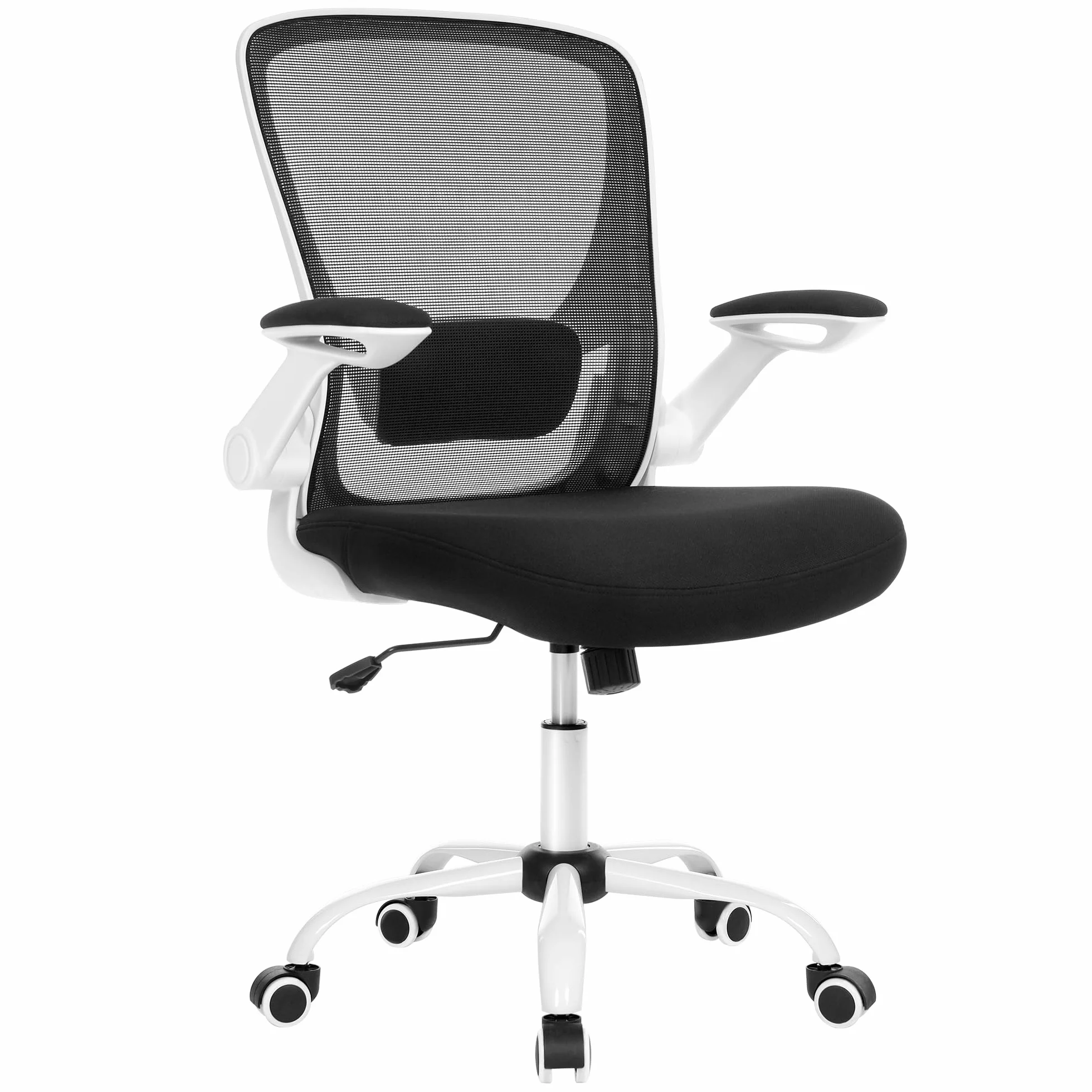 SONGMICS ergonomiczne krzesło biurowe obrotowe z siatką, podparcie lędźwiowe, funkcja bujaka, siedzisko 53 cm, składane podłokietniki, czarno-biały OBN37WTV2