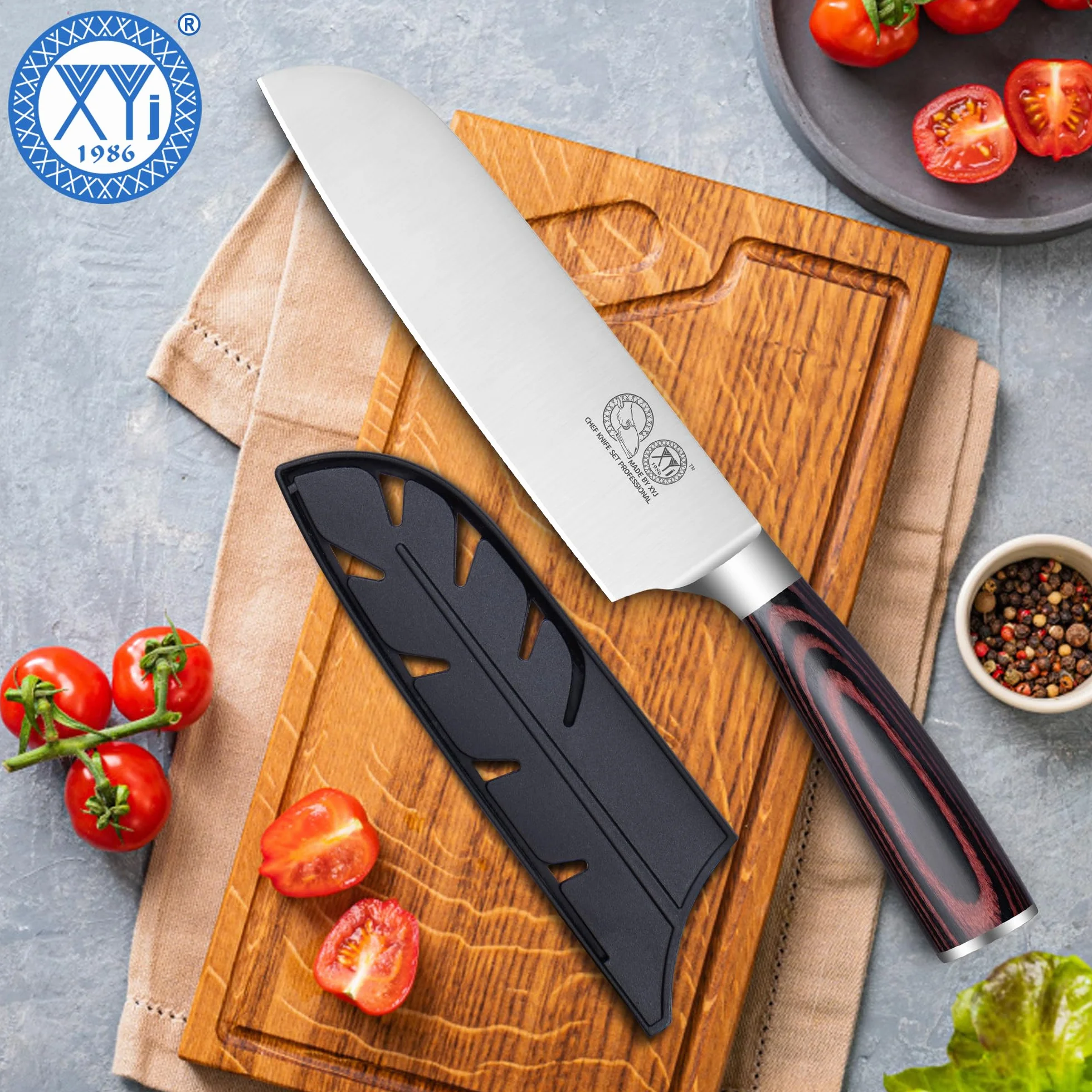 XYJ Professional Japanese Santoku Knife With Plastic Sleeve,7 Inch Vegetable Kitchen Knife,Stainless Steel,Meat Slicing Knife,Pakkawood Handle,Meat Cleaver for Outdoor Camping
