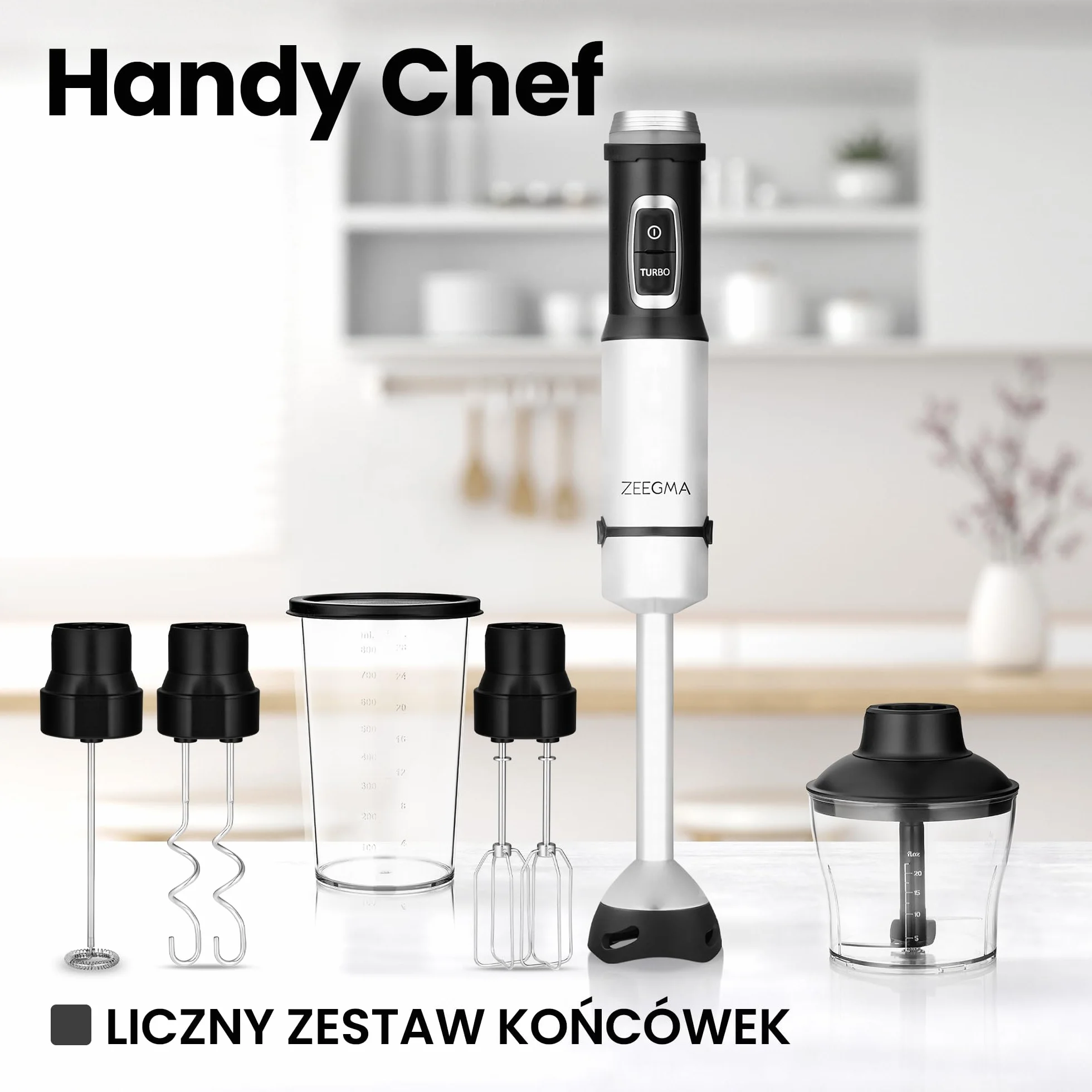 ZEEGMA Handy Chef blender ręczny 5w1 wielofunkcyjny o mocy 1500W, zestaw końcówek: blendująca, miksująca, ubijająca, hak do mieszania, malakser 0,6 l, pojemnik 0,8l, tryb turbo, regulacja prędkości