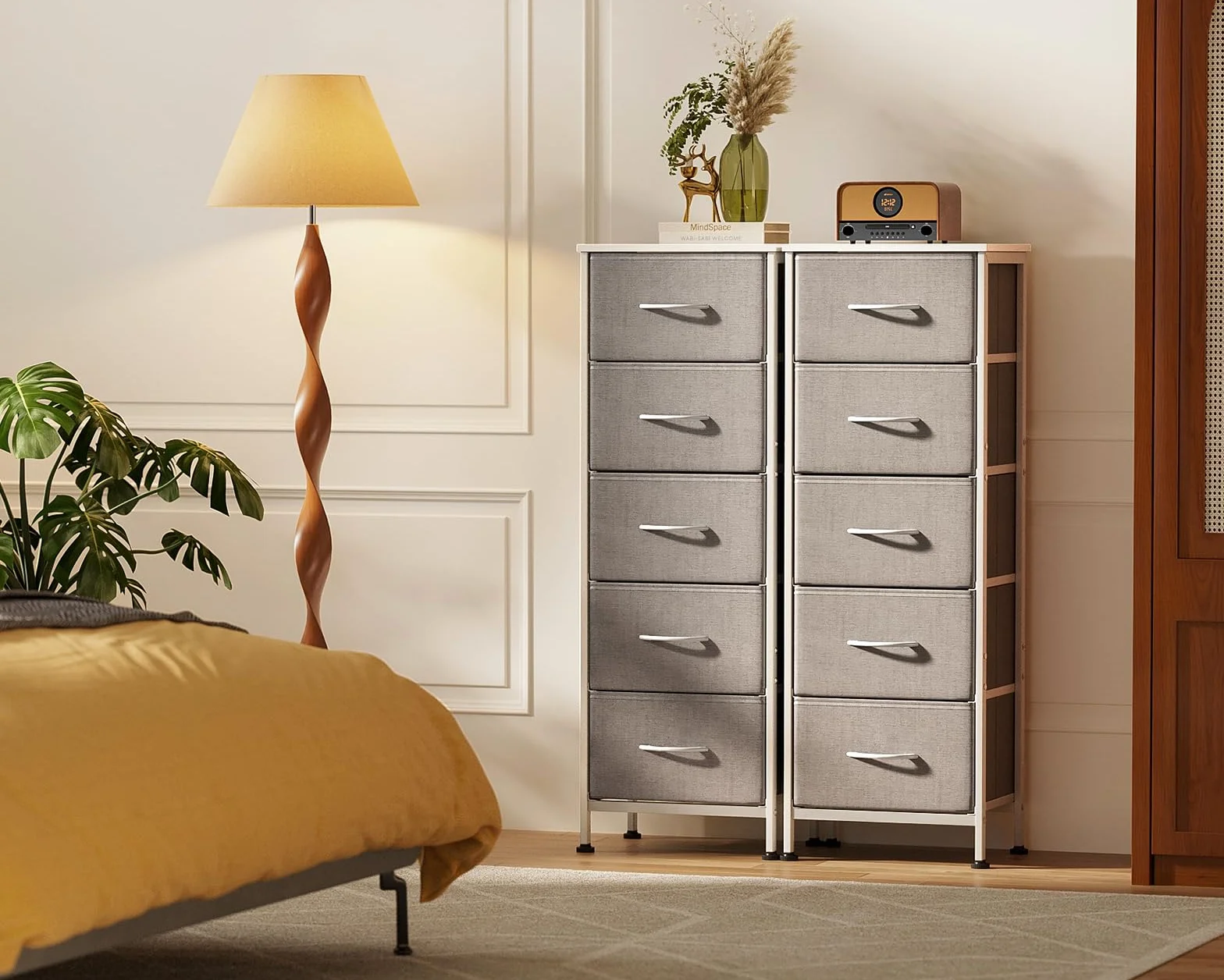 Coleshome Komoda do sypialni z 5 szufladami tkanina jasnoszara