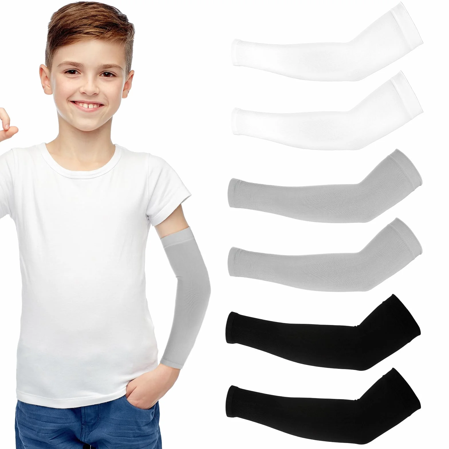 Abeillo 3 pary dziecięcych rękawów na ramiona, cienkie rękawy kompresyjne, ochrona przed promieniowaniem UV, chłodzące ramiona, outdoorowe, sportowe, oddychające, elastyczne, lodowe, dla młodzieży