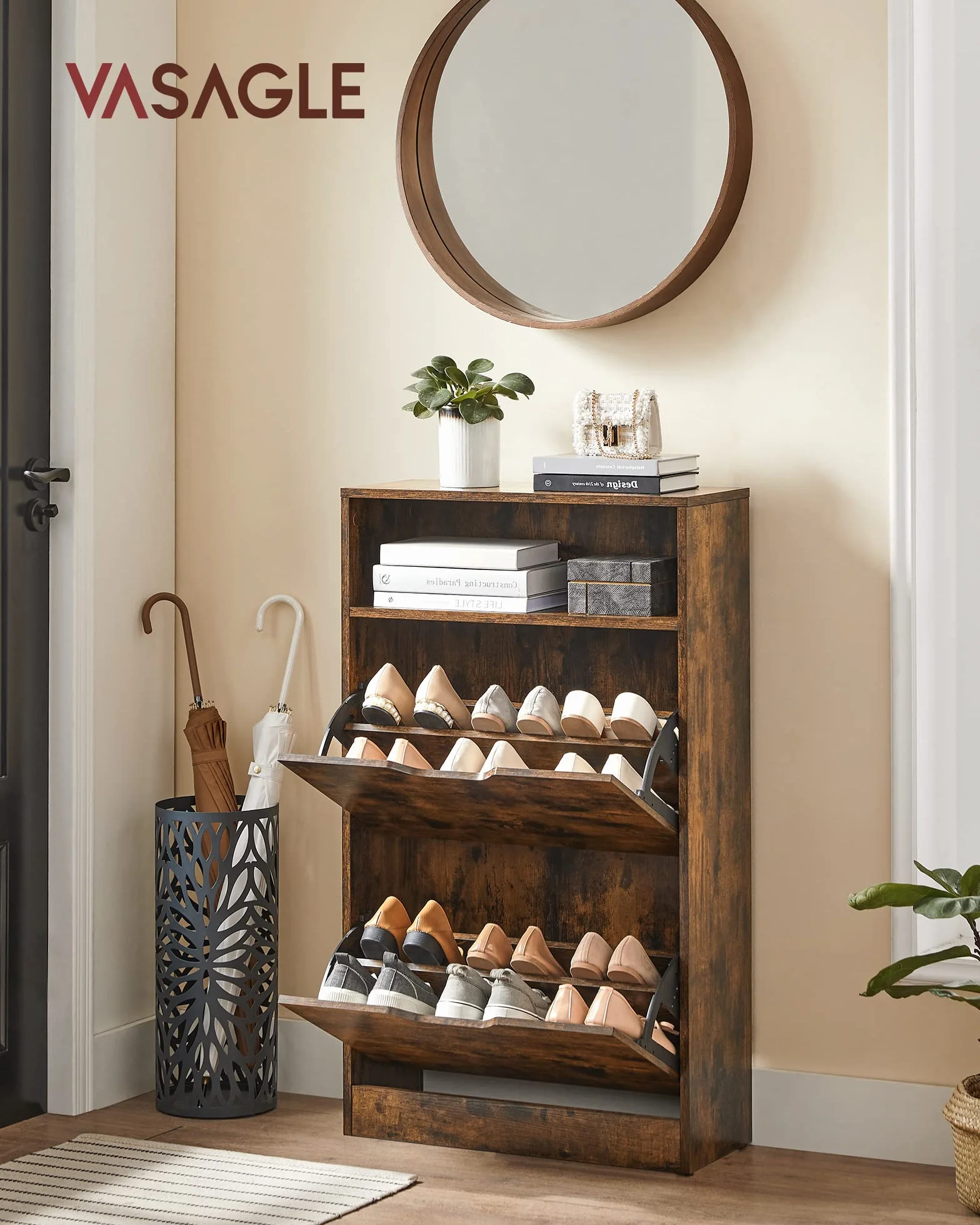 VASAGLE Szafka na buty z 2 klapami z otwartą półką 60 x 24 x 102 cm rustykalny brąz