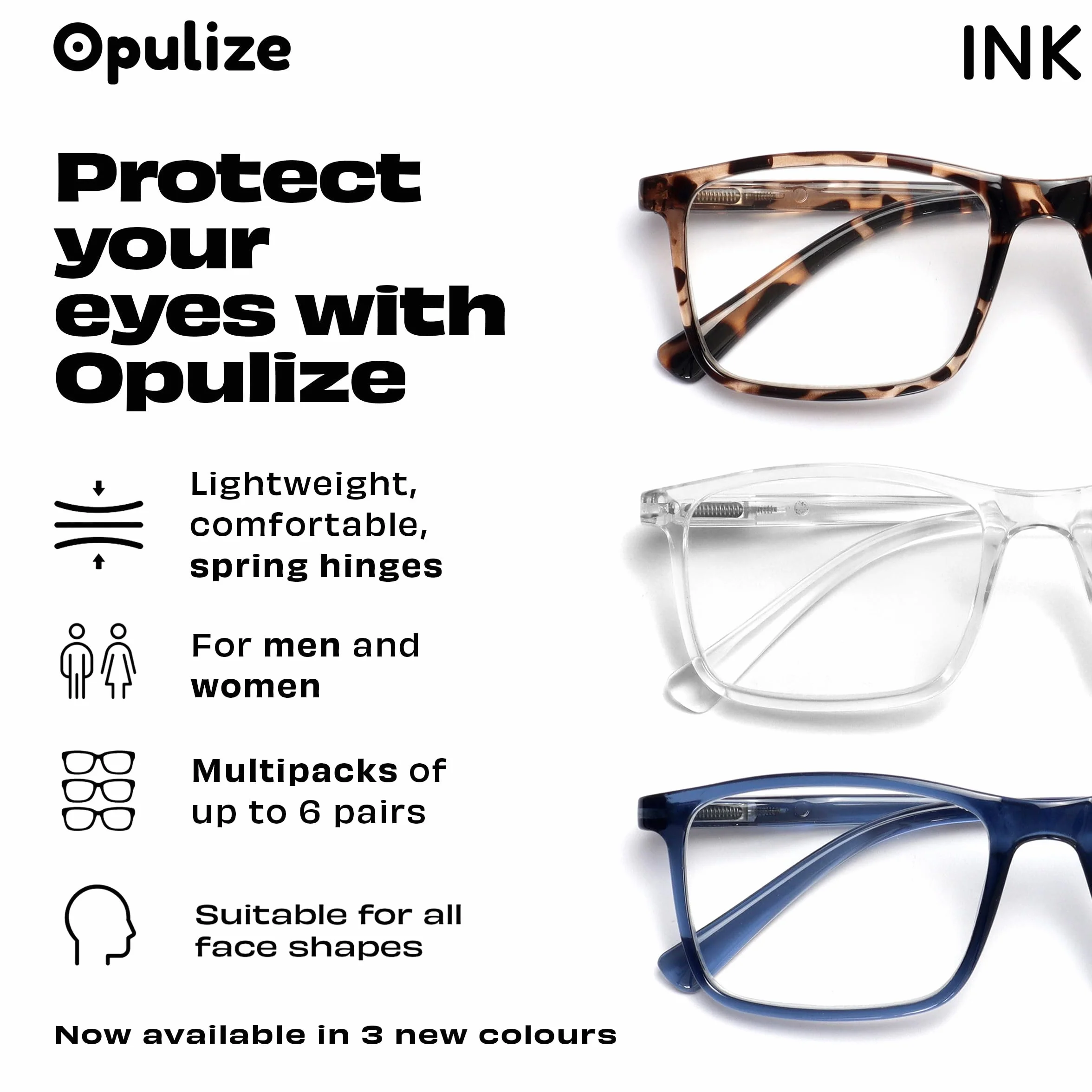 OPULIZE Ink Lesse okulary 2-pak duże prostokątne oprawki zawiasy sprężynowe odporne na zarysowania dla mężczyzn i kobiet RR4