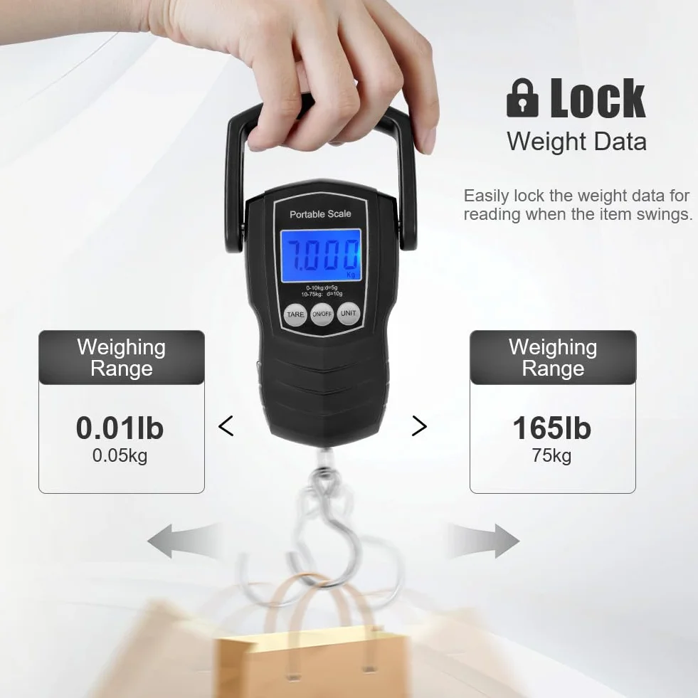 Flintronic Cyfrowa waga bagażowa, 165 lbs/75 kg, przenośna waga bagażowa, z podświetlanym wyświetlaczem LCD, wisząca waga wędkarska z taśmą pomiarową, odpowiednia do podróży i domu