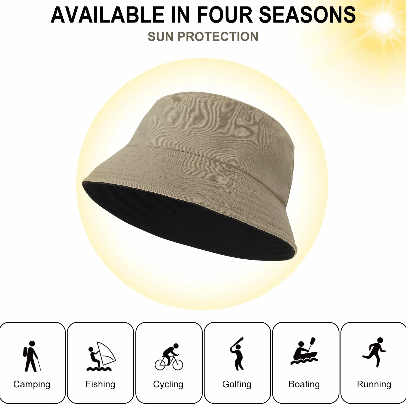 WLLHYF Kapelusz typu bucket odwracalny, dwukolorowy bawełniany kapelusz typu bucket składany kapelusz przeciwsłoneczny, Czarny/Khaki, rozmiar uniwersalny