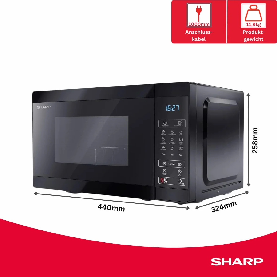 Sharp YC-MG02EB Kuchenka mikrofalowa 20 l grill rozmrażanie 11 poziomów mocy timer płyta obrotowa