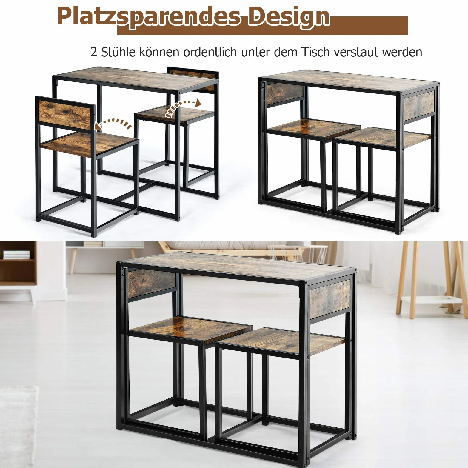 COSTWAY 3-częściowy zestaw stolików barowych, stół do jadalni z 2 krzesłami, mały zestaw do jadalni z metalowym stelażem, bar kuchenny, stół do kuchni, jadalni i bistro (antyczny)