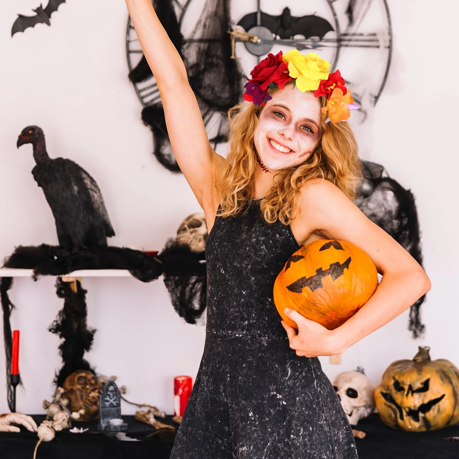 Amabro Opaski na czoło na Halloween, kwiatowy dzień zmarłych, meksykańskie kwiaty i korona róż, nakrycie głowy, Halloween, Cosplay, ozdoba głowy, kostium wianek do włosów, dekoracja dla kobiet i