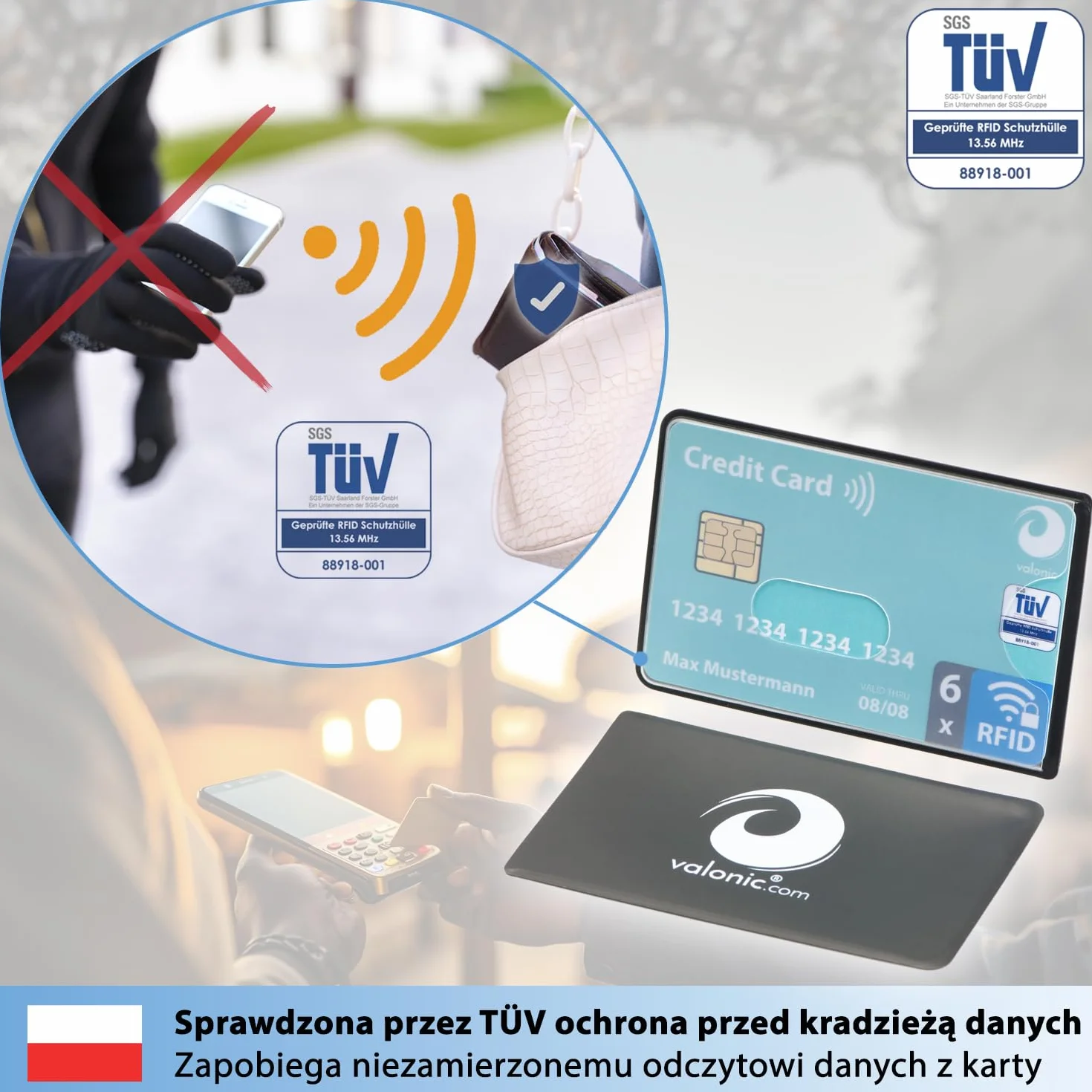 valonic RFID Blocker osłona ochronna - 6 sztuk - przetestowane przez TÜV - tworzywo sztuczne - przezroczyste - osłony ochronne NFC - osłona do kart kredytowych i kart EC