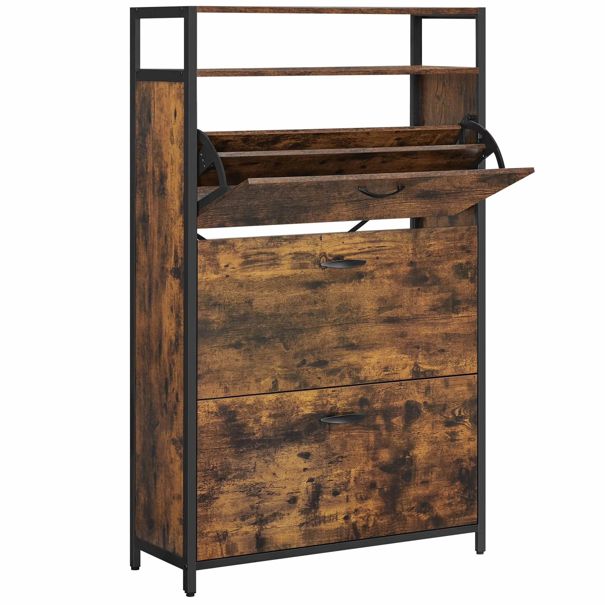 VASAGLE Szafka na buty 80x30x130 cm z 3 drzwiami, rustykalny brąz i czarny