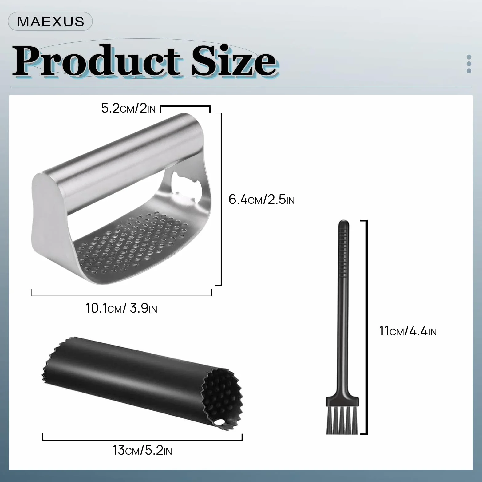 MAEXUS® Wyciskarka do czosnku ze stali nierdzewnej, z praktyczną szczotką do czyszczenia i silikonową obieraczką do czosnku, łatwa obsługa do przygotowania czosnku