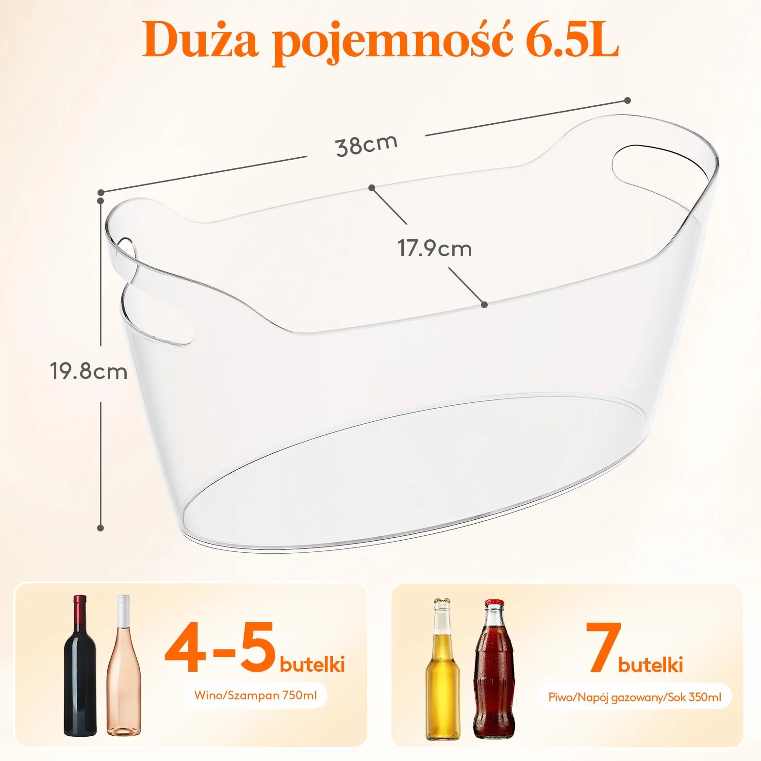 Lifewit 6,5L wiadro na lód na imprezy 2 SZT., przenośne wiadro na szampana do baru koktajlowego, przezroczysty plastikowy chłodnik na napoje/wino/piwo/sok, wiadro na lody z łyżeczką 38 x 18 x 20 cm