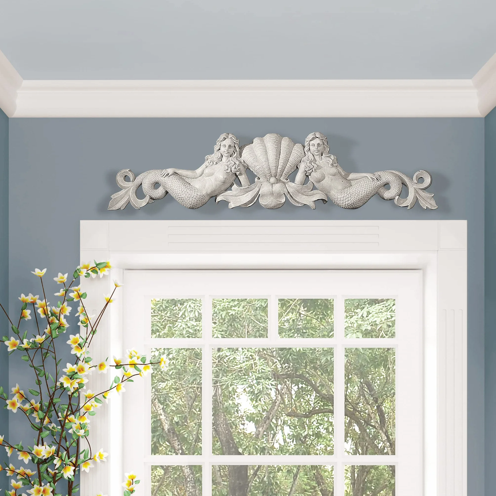 Design Toscano Syrenka fronton nad drzwiami 100 cm żywica poliestrowa dekoracja ścienna