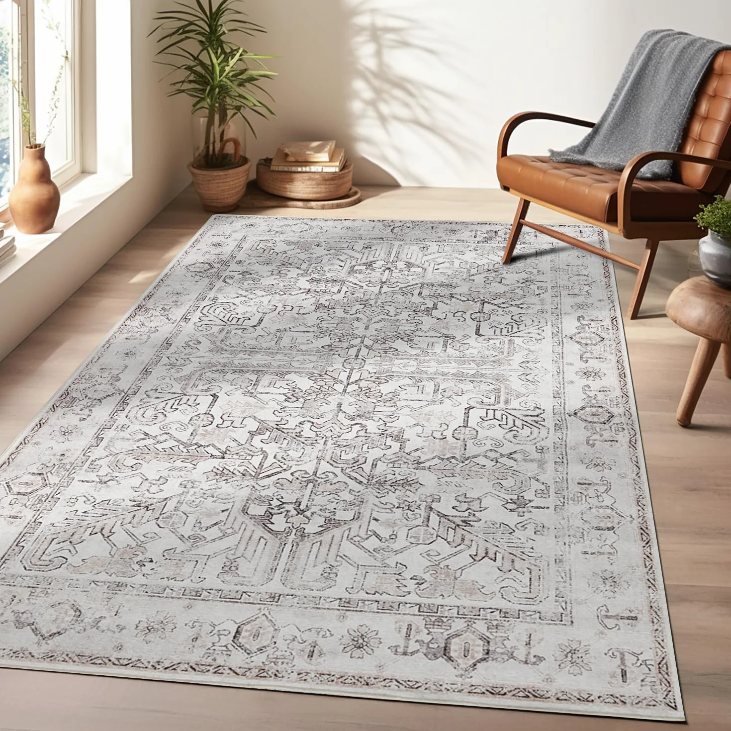 Dywan do salonu 180 x 270 cm brązowy vintage antypoślizgowy z nadrukiem kwiatowym