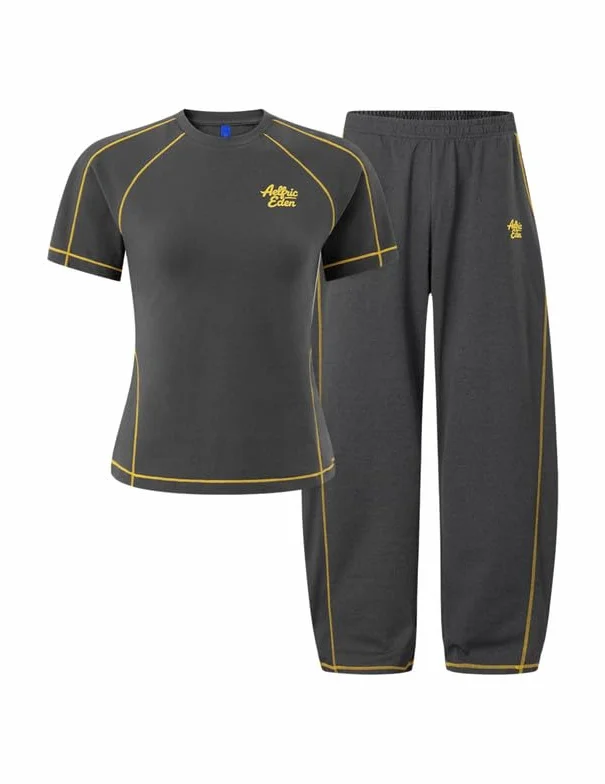 Aelfric Eden Dres do joggingu, damski, dwuczęściowy dres treningowy Y2K, vintage, na lato, strój rekreacyjny, basic, z krótkim rękawem, spodnie do biegania, zestaw wypoczynkowy, Homewear Streatwear